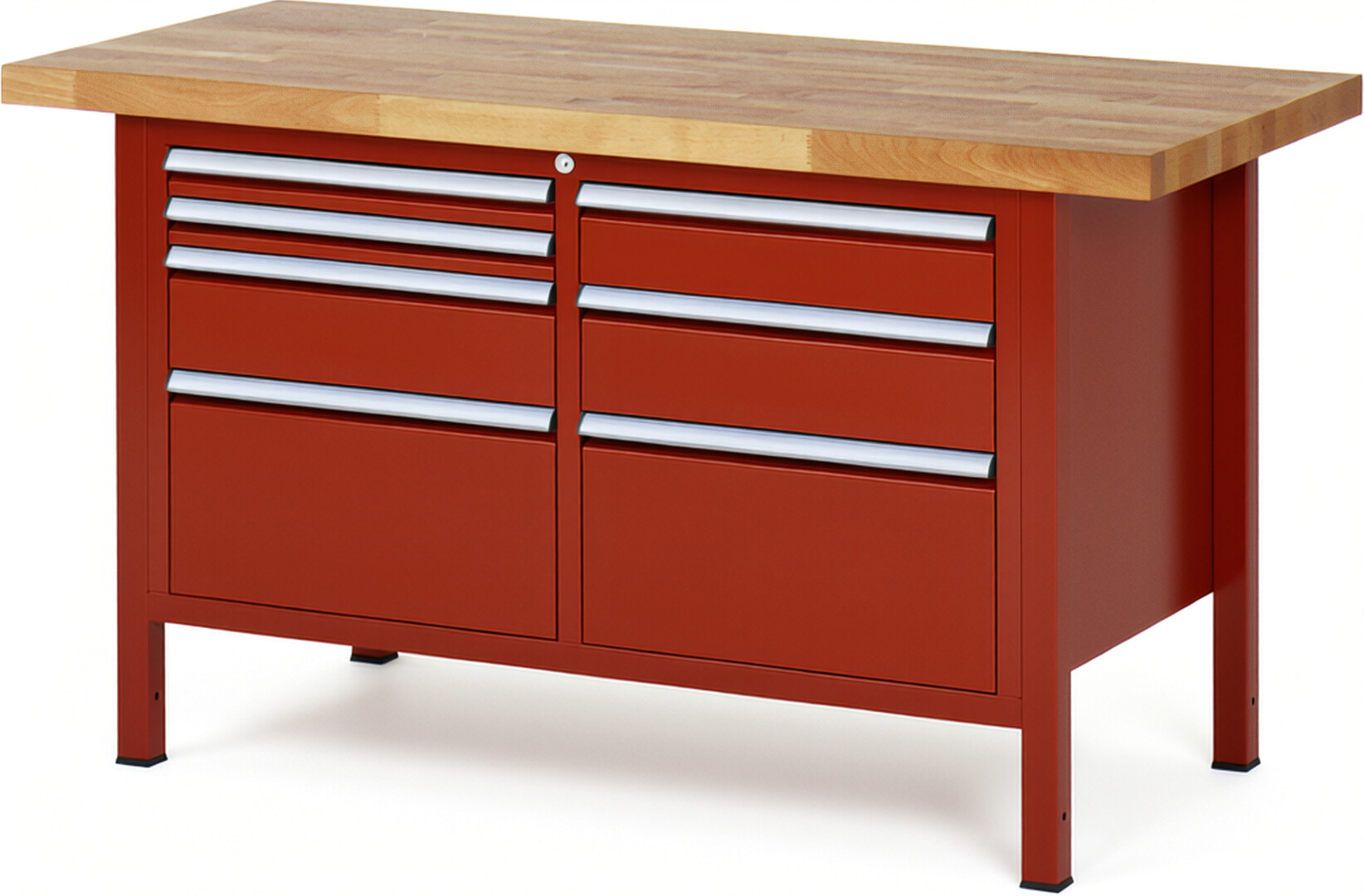 Werkbank Modell 8476 rot, BxTxH 1500x700x840 mm,  Buche-Massiv Arbeitsplatte 40 mm,  7 Schubladen mit  Vollauszug 100 % und  SoftClosing