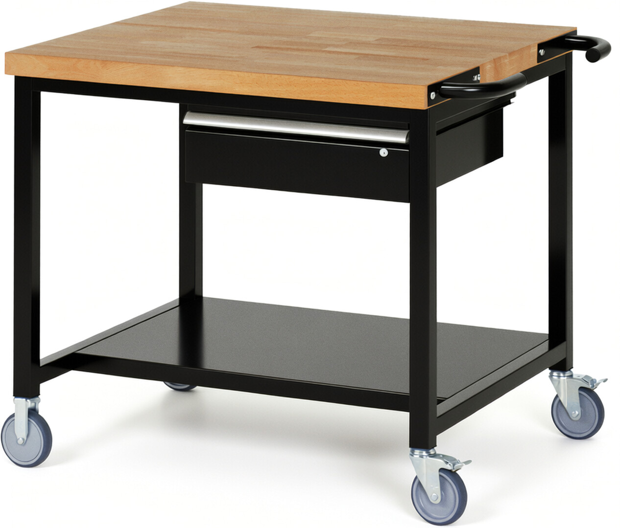 Fahrbare Werkbank Modell 8001 schwarz, BxTxH 1000x900x880 mm,  Buche-Massiv Arbeitsplatte 40 mm,  1 Schublade mit  Auszug 90 %