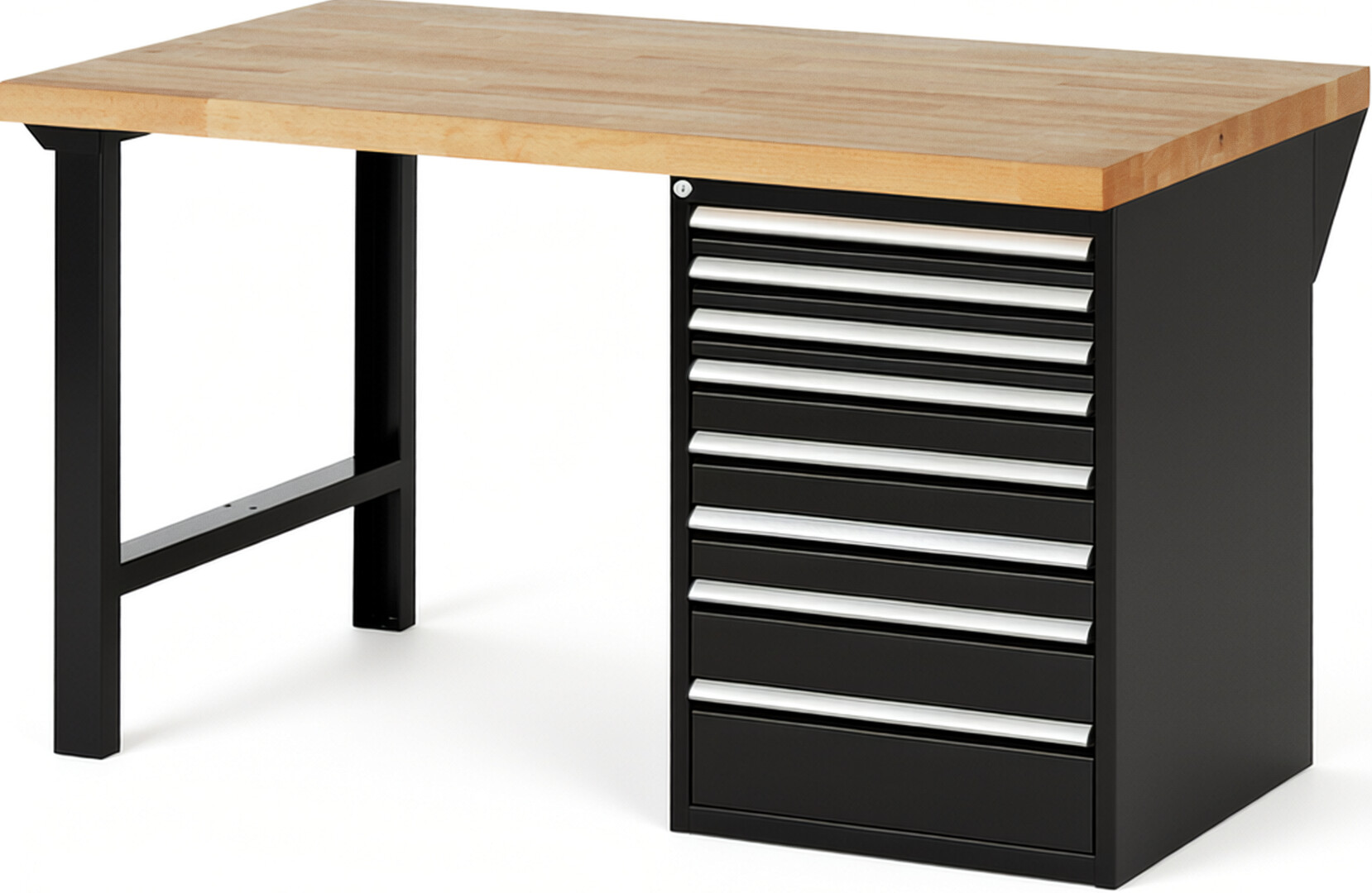 Werkbank Modell 7519 schwarz, BxTxH 1500x900x890 mm,  Buche-Massiv Arbeitsplatte 40 mm,  8 Schubladen mit  Auszug 90 %