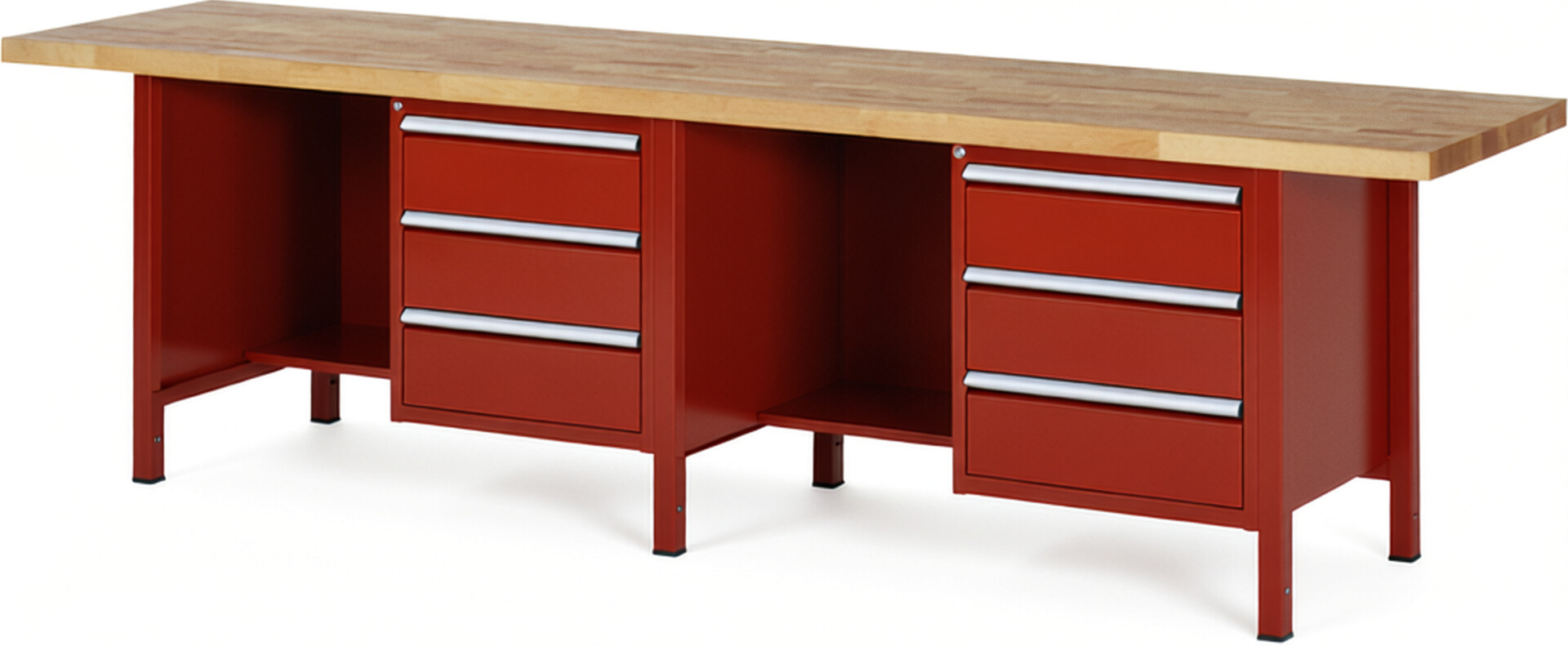 Werkbank Modell 8452 rot, BxTxH 3000x700x840-1040 mm,  Buche-Massiv Arbeitsplatte 40 mm,  6 Schubladen mit  Auszug 90 %