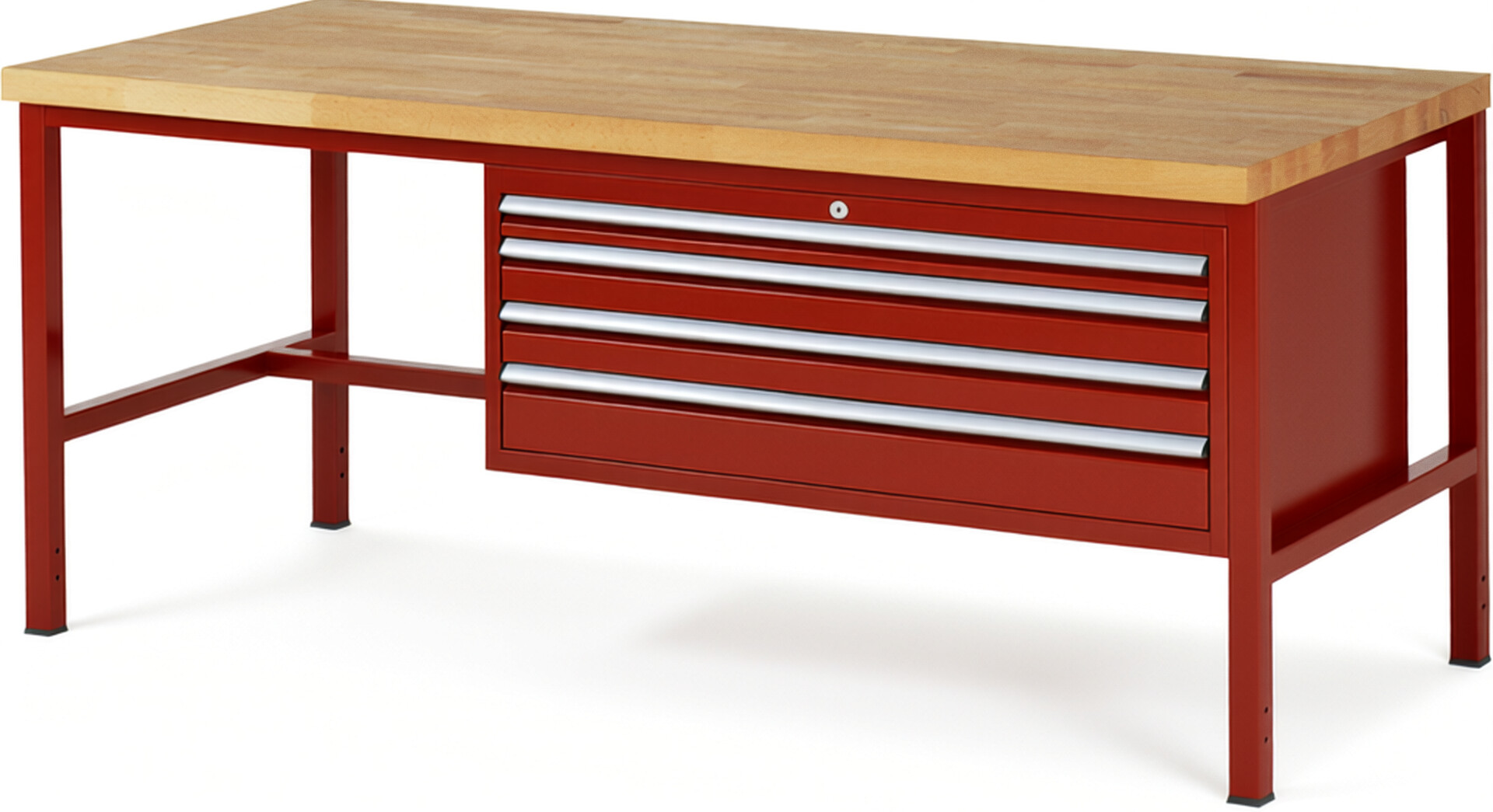 Werkbank Modell 8332 rot, BxTxH 2000x900x840-1040 mm,  Buche-Massiv Arbeitsplatte 40 mm,  4 Schubladen mit  Vollauszug 100 % und  SoftClosing