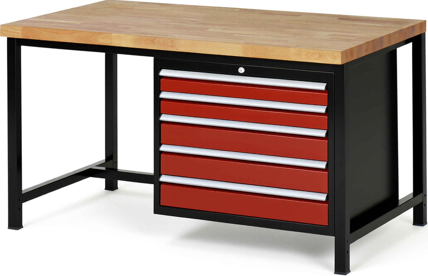 RAU Werkbank schwarz - rot - Breite 150 cm - Tiefe 90 cm - Höhe 104 cm - Buche-Massiv Arbeitsplatte 40 mm