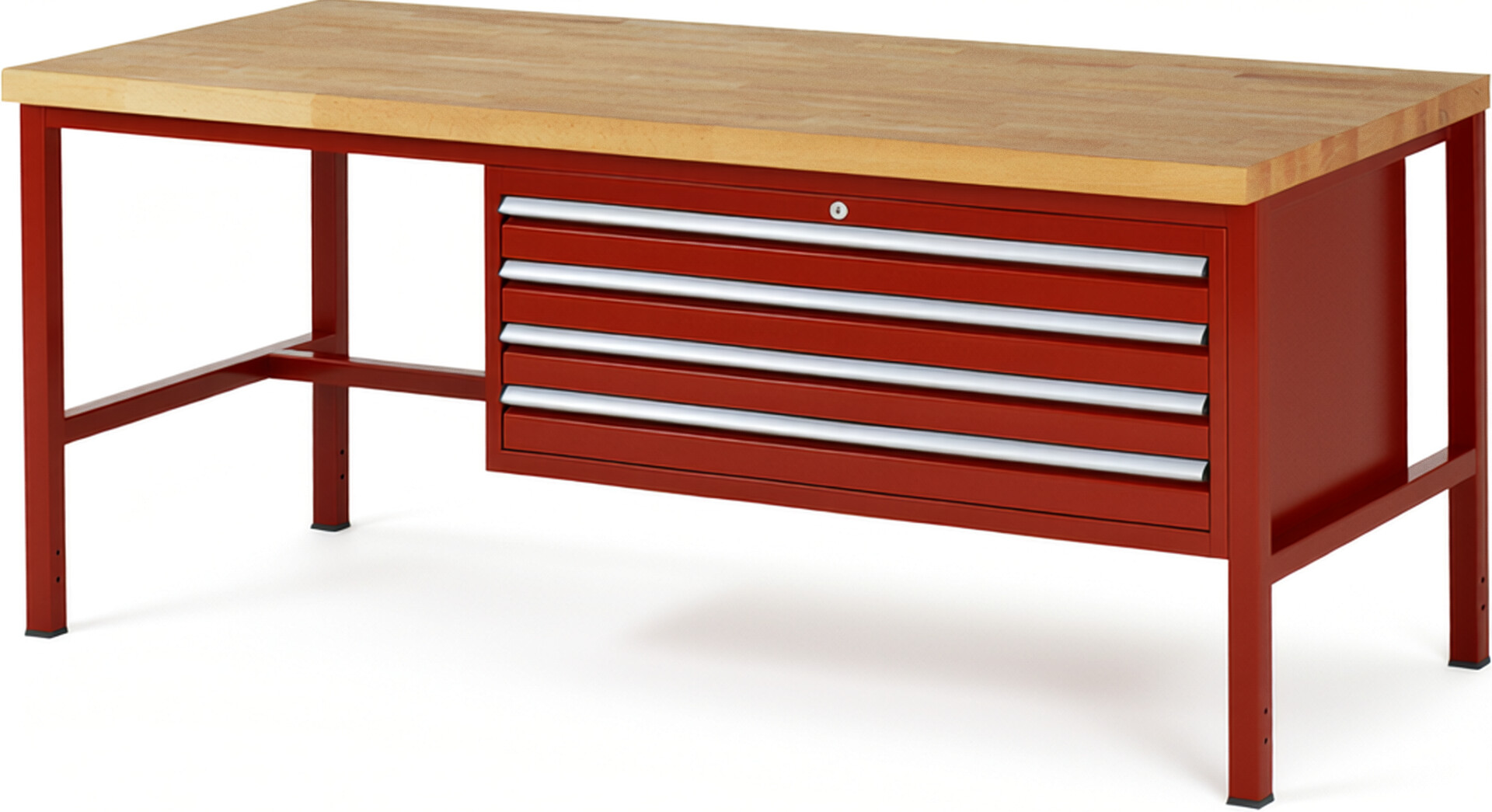 Werkbank Modell 8333 rot, BxTxH 2000x900x840 mm,  Buche-Massiv Arbeitsplatte 40 mm,  4 Schubladen mit  Vollauszug 100 % und  SoftClosing