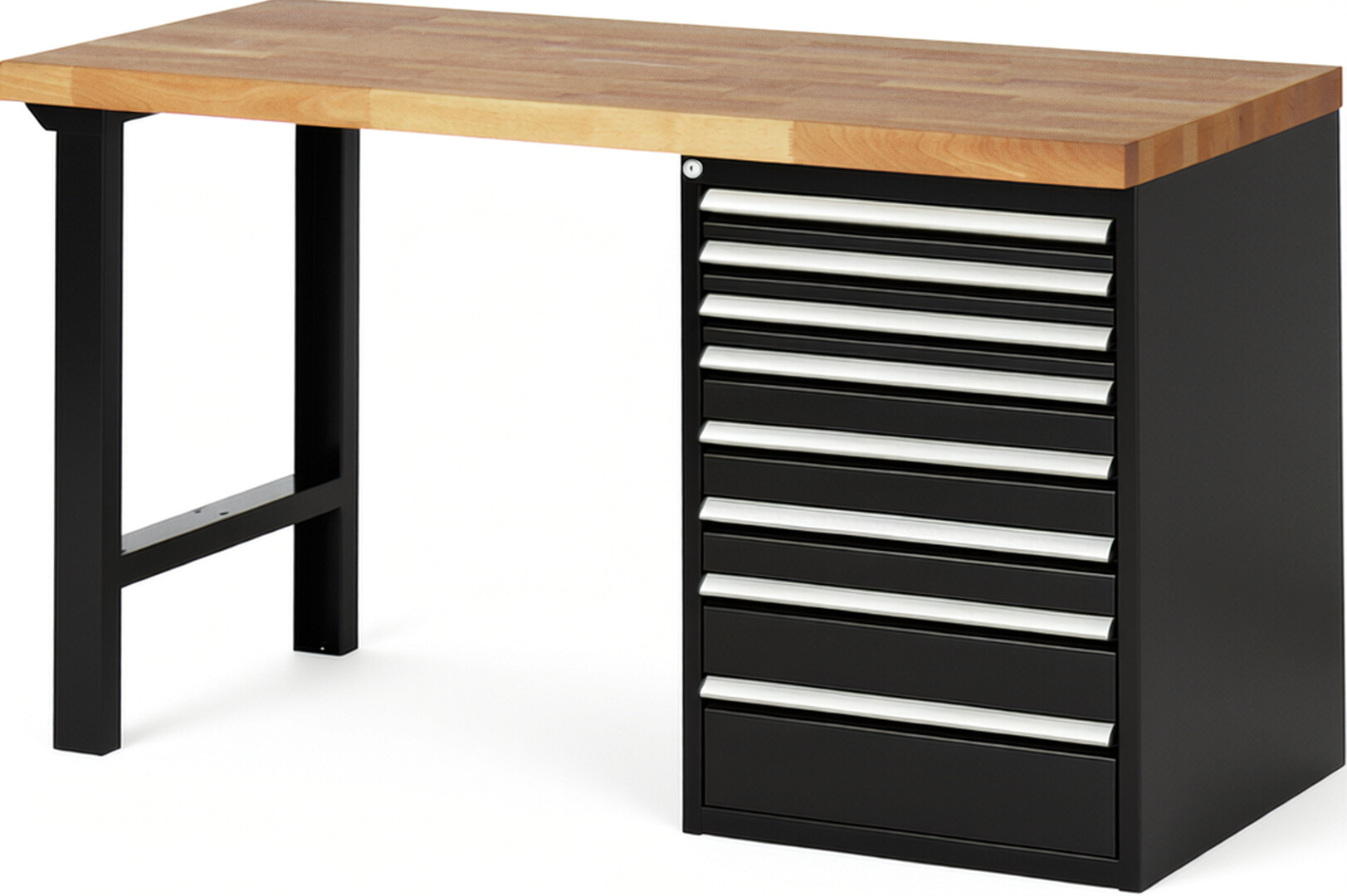 Werkbank Modell 7519 schwarz, BxTxH 1500x700x890 mm,  Buche-Massiv Arbeitsplatte 40 mm,  8 Schubladen mit  Vollauszug 100 % und  SoftClosing