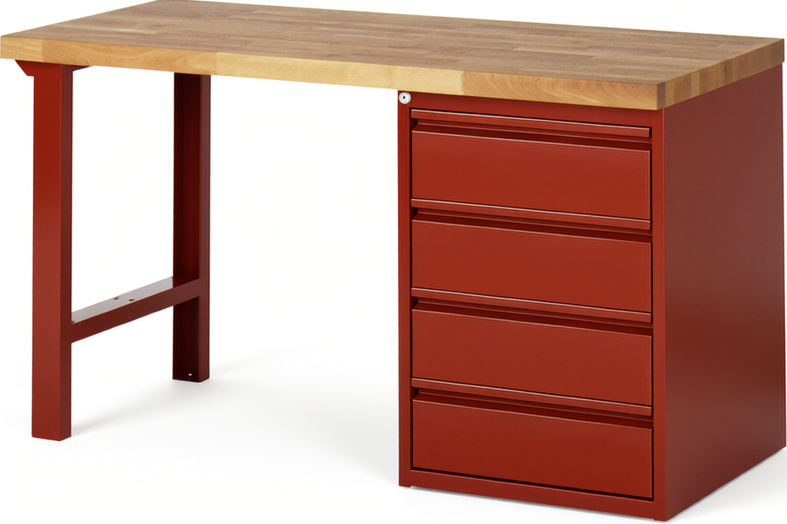 Werkbank, 1 Unterbau-Container mit 4 Schubladen 180 mm, Buche-Platte 40 mm rot, BxTxH 1500x700x840 mm, RAL 3000/3000