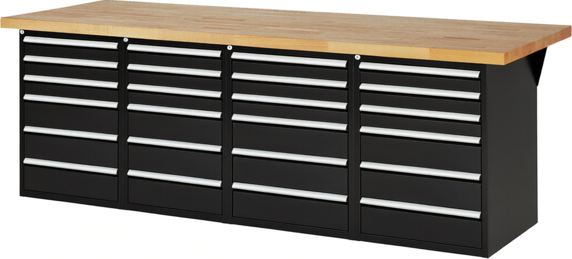 Werkbank Modell 7515 schwarz, BxTxH 2500x900x890 mm,  Buche-Massiv Arbeitsplatte 40 mm,  24 Schubladen mit  Auszug 90 %