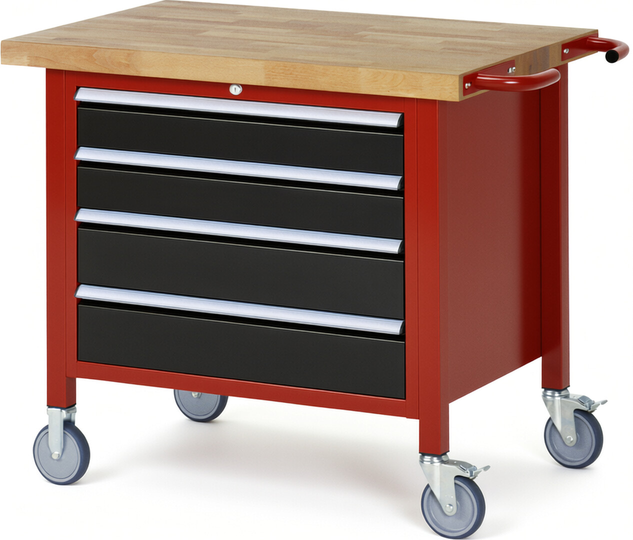 Fahrbare Werkbank Modell 8262 rot - schwarz, BxTxH 1000x700x880 mm,  Buche-Massiv Arbeitsplatte 40 mm,  4 Schubladen mit  Auszug 90 %