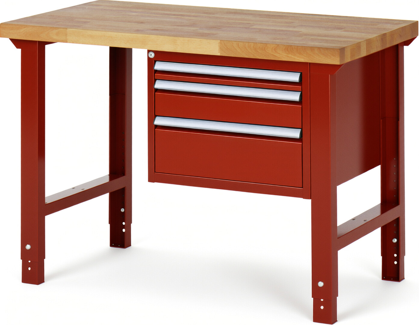 Werkbank Modell 7126 rot, BxTxH 1250x700x790-1140 mm,  Buche-Massiv Arbeitsplatte 40 mm,  3 Schubladen mit  Auszug 90 %