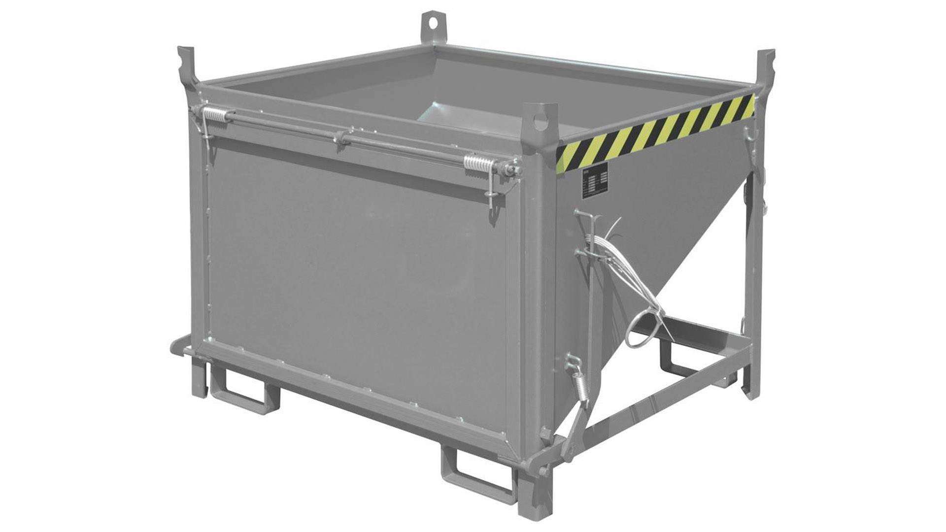 Silobehälter aus Stahl - Volumen 500 l, Traglast 750 kg - Farbe mausgrau, stirnseitige Klappe, Einfahrtaschen für Gabelstapler