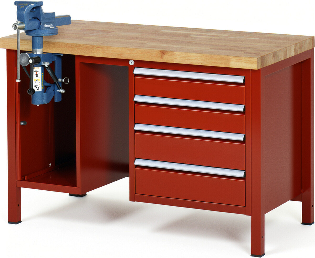 Werkbank Modell 8185 rot, BxTxH 1250x700x840-1040 mm,  Buche-Massiv Arbeitsplatte 40 mm,  4 Schubladen mit  Auszug 90 %