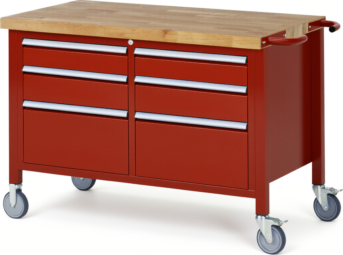 Fahrbare Werkbank Modell 8475 rot, BxTxH 1250x700x880 mm,  Buche-Massiv Arbeitsplatte 40 mm,  6 Schubladen mit  Auszug 90 %