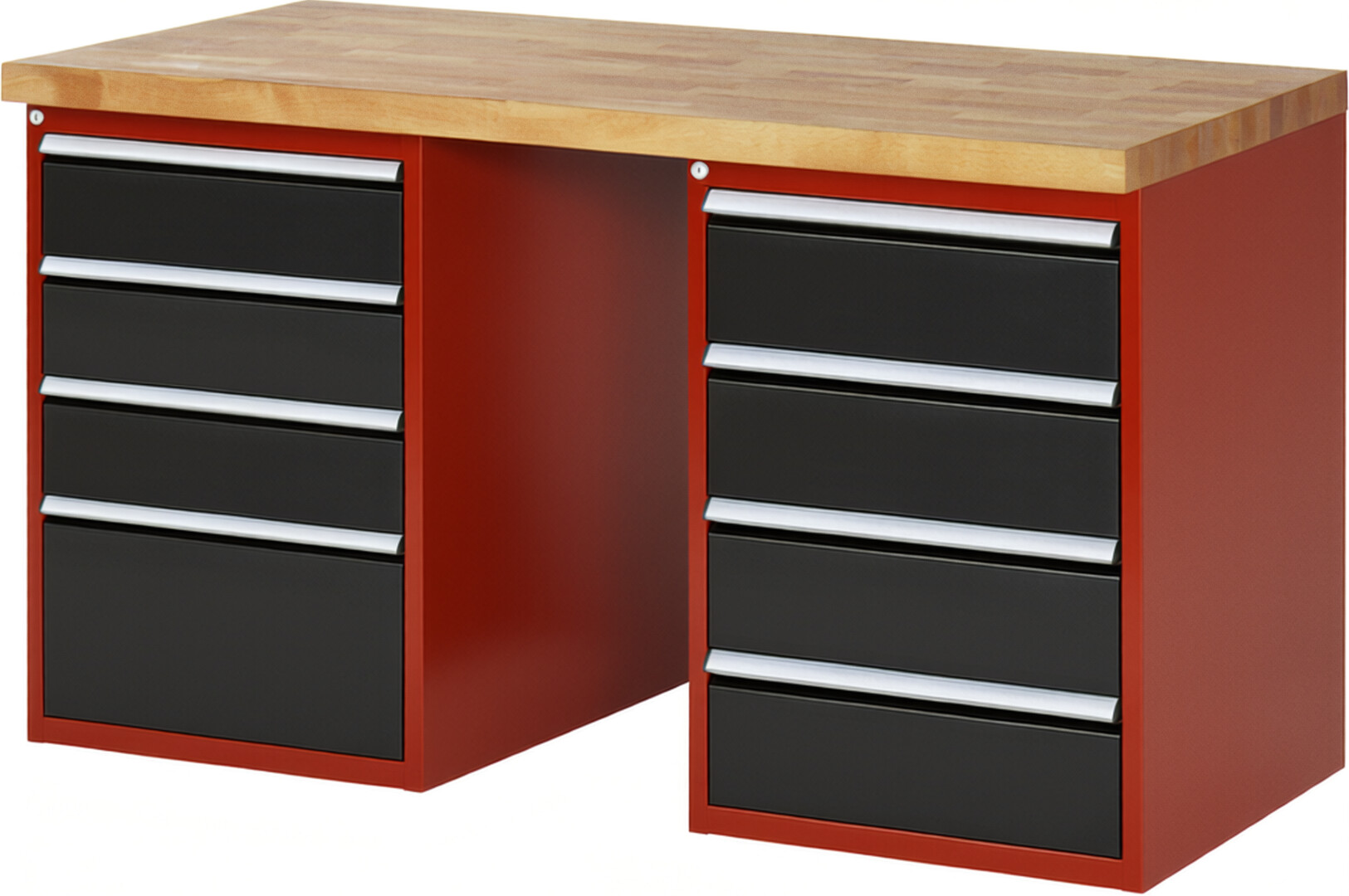 Werkbank Modell 7820 rot - schwarz, BxTxH 1500x700x890 mm,  Buche-Massiv Arbeitsplatte 40 mm,  8 Schubladen mit  Auszug 90 %