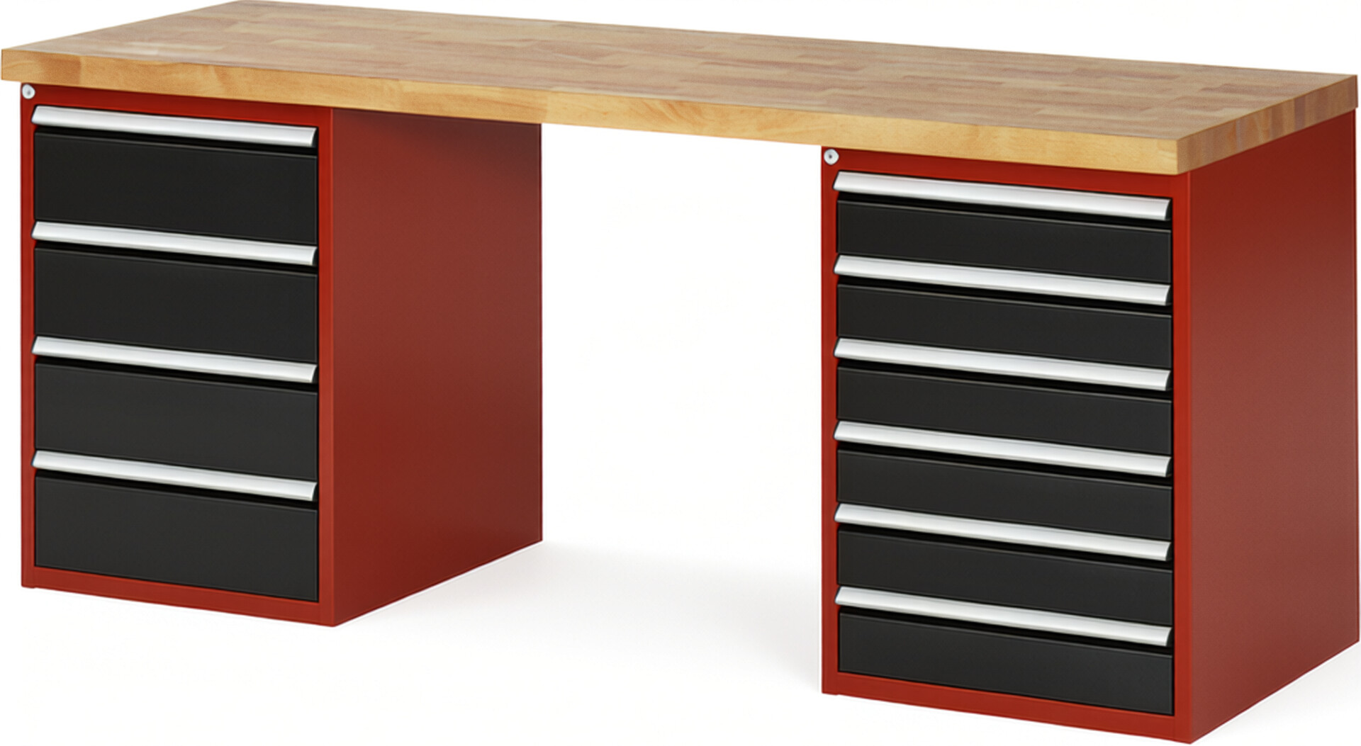 Werkbank Modell 7821 rot - schwarz, BxTxH 2000x700x890 mm,  Buche-Massiv Arbeitsplatte 40 mm,  10 Schubladen mit  Auszug 90 %
