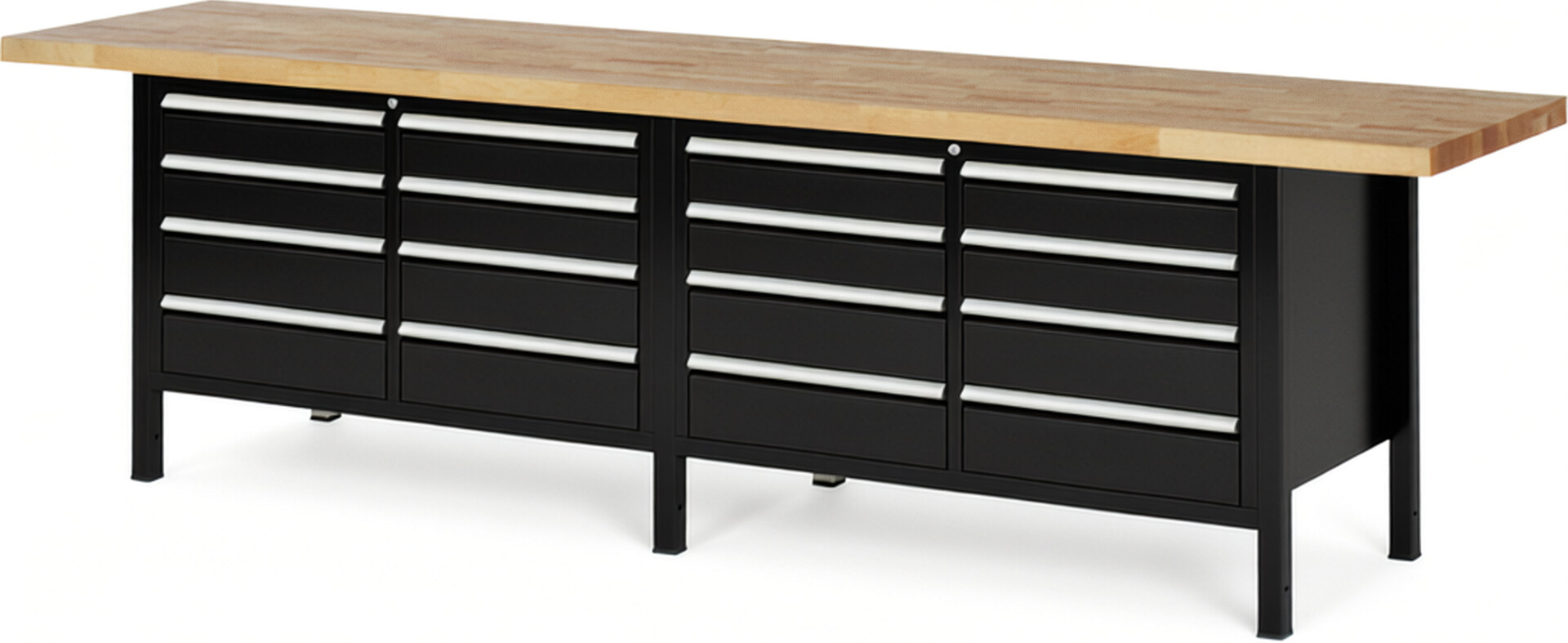 Werkbank Modell 8477 schwarz, BxTxH 3000x700x840-1040 mm,  Buche-Massiv Arbeitsplatte 40 mm,  16 Schubladen mit  Auszug 90 %