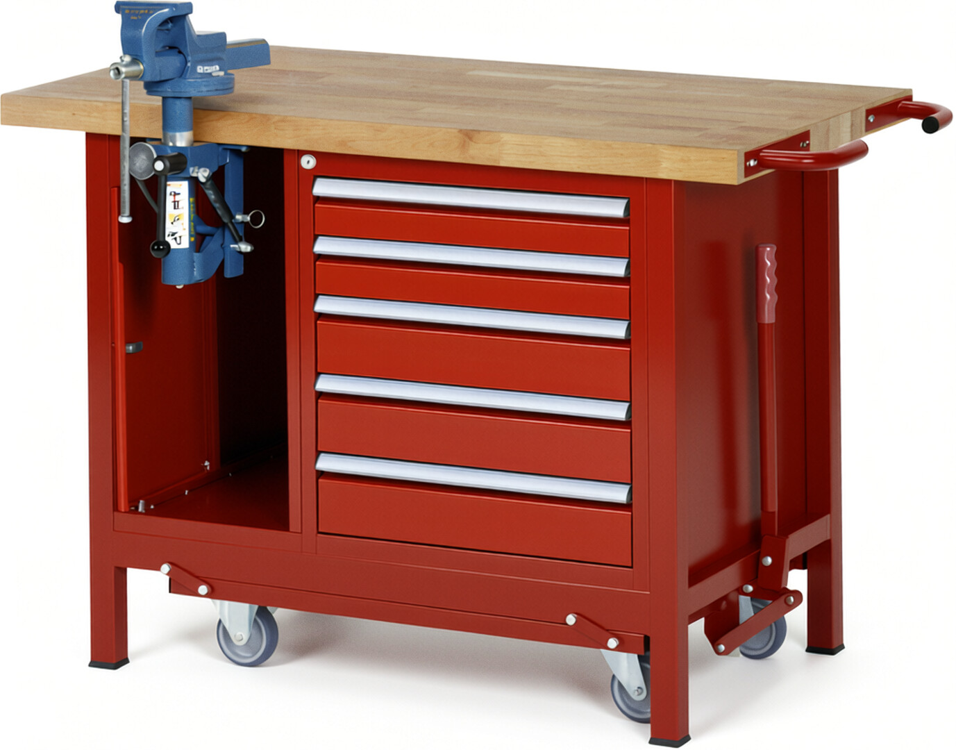 Absenkbare Werkbank Modell 8187 rot, BxTxH 1250x700x880 mm,  Buche-Massiv Arbeitsplatte 40 mm,  5 Schubladen mit  Auszug 90 %