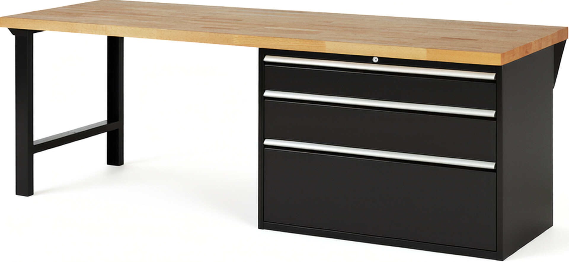 Werkbank Modell 7708 schwarz, BxTxH 2500x900x890 mm,  Buche-Massiv Arbeitsplatte 40 mm,  3 Schubladen mit  Auszug 90 %