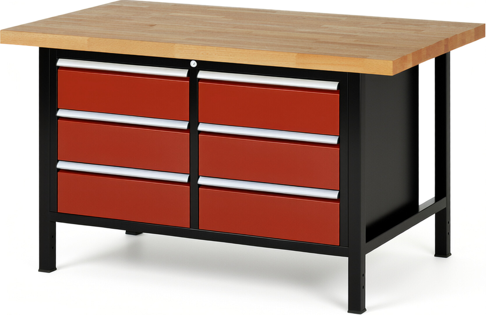 RAU Werkbank schwarz - rot - Breite 150 cm - Tiefe 90 cm - Höhe 104 cm - Buche-Massiv Arbeitsplatte 40 mm
