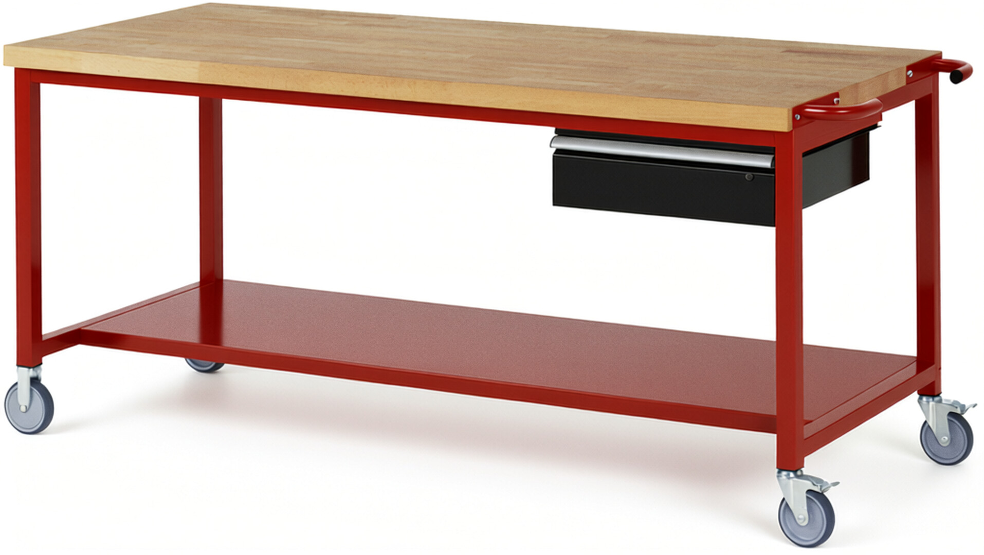 Fahrbare Werkbank Modell 8001 rot - schwarz, BxTxH 2000x900x880 mm,  Buche-Massiv Arbeitsplatte 40 mm,  1 Schublade mit  Auszug 90 %