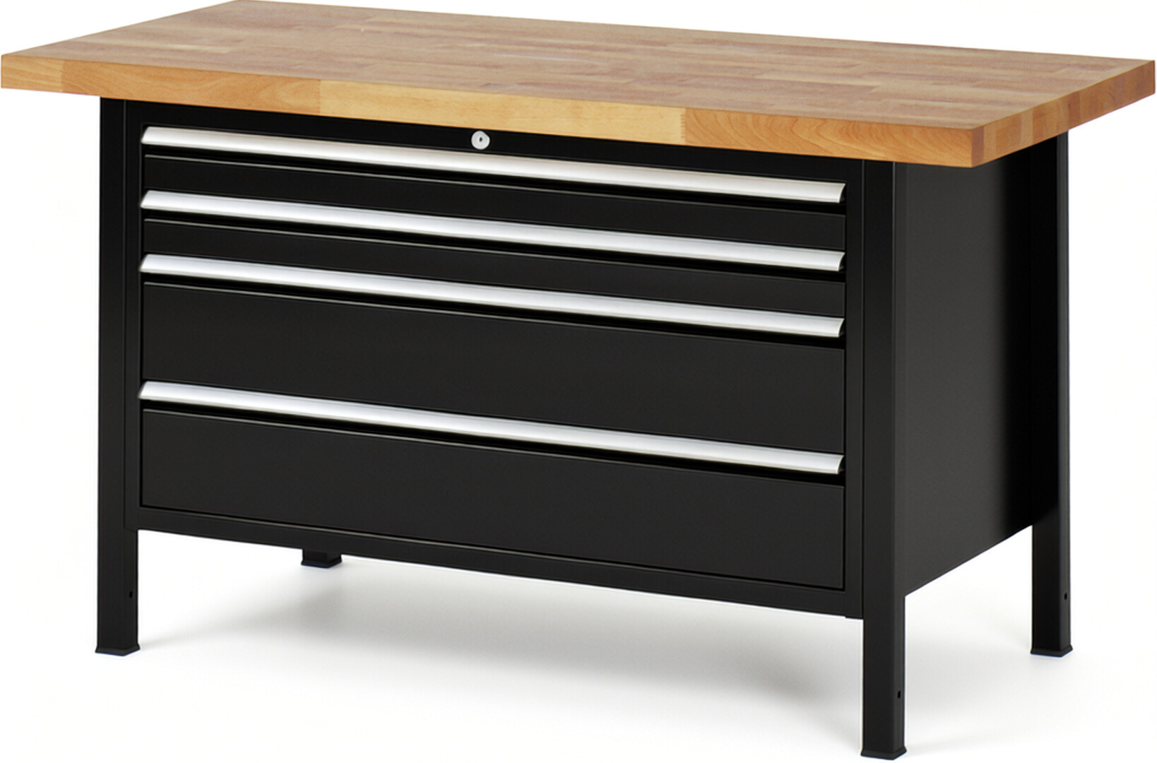 Werkbank Modell 8361 schwarz, BxTxH 1500x700x840-1040 mm,  Buche-Massiv Arbeitsplatte 40 mm,  4 Schubladen mit  Auszug 90 %