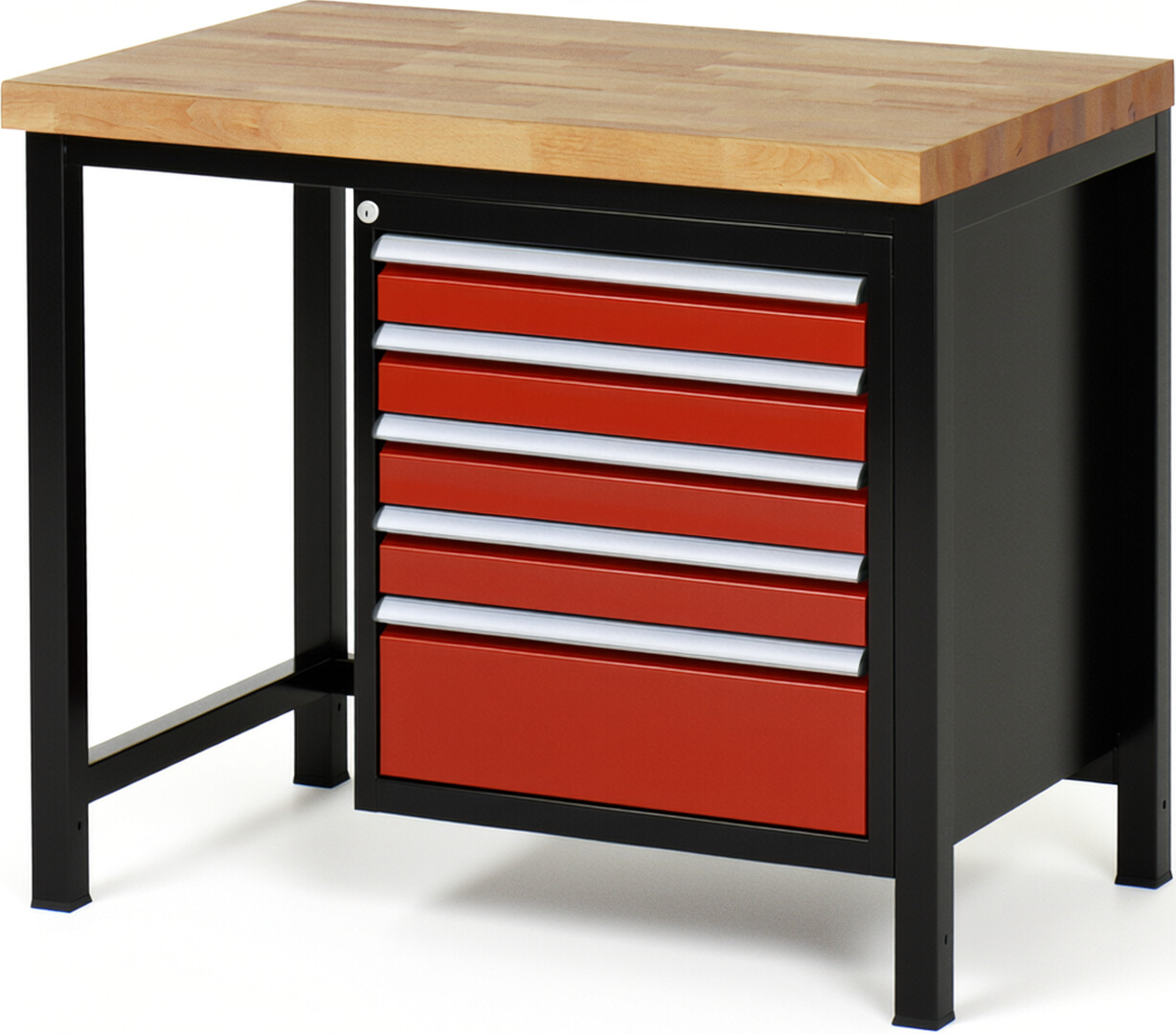 RAU Werkbank schwarz - rot - Breite 100 cm - Tiefe 70 cm - Höhe 104 cm - Buche-Massiv Arbeitsplatte 40 mm