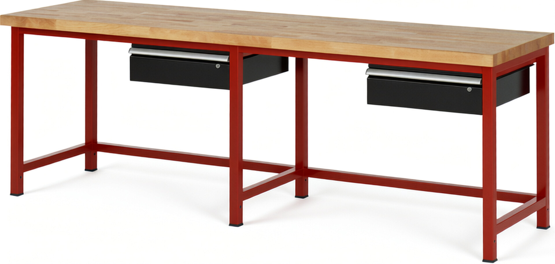 RAU Werkbank rot - schwarz - Breite 250 cm - Tiefe 70 cm - Höhe 104 cm - Buche-Massiv Arbeitsplatte 40 mm