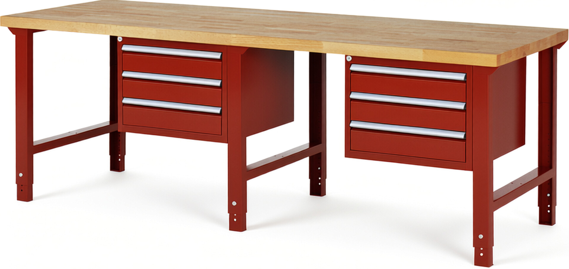Werkbank Modell 7127 rot, BxTxH 2500x900x790-1140 mm,  Buche-Massiv Arbeitsplatte 40 mm,  6 Schubladen mit  Auszug 90 %