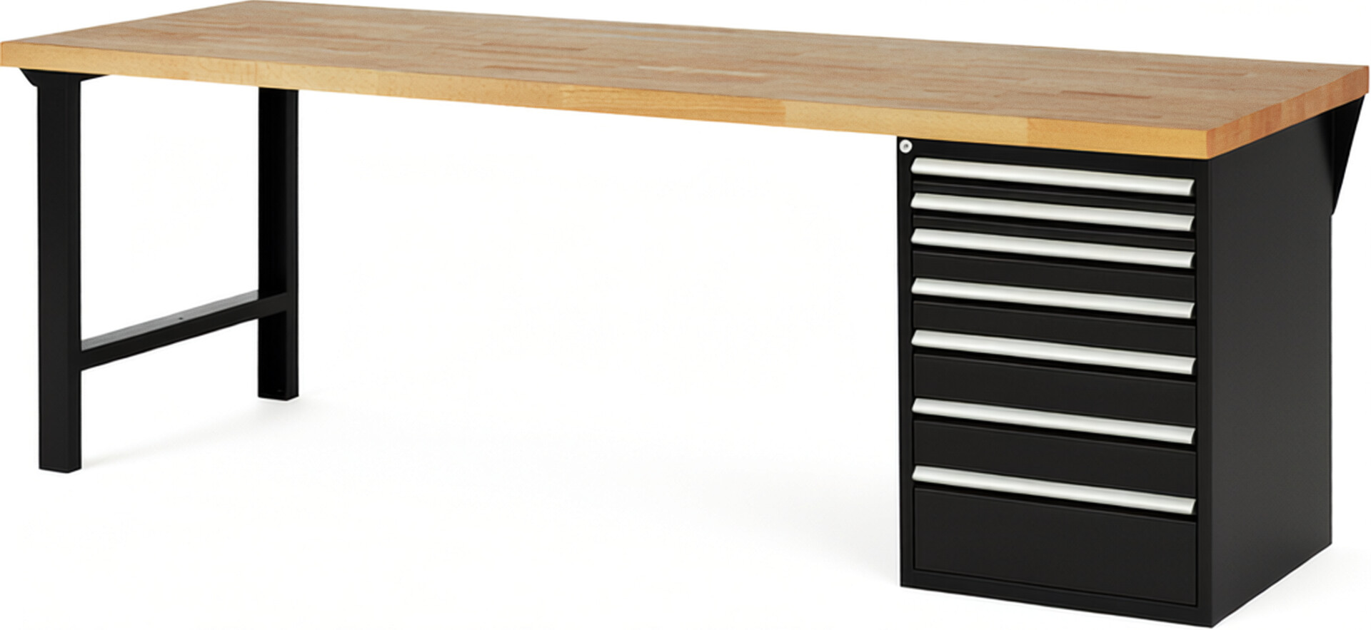 Werkbank Modell 7517 schwarz, BxTxH 2500x900x890 mm,  Buche-Massiv Arbeitsplatte 40 mm,  7 Schubladen mit  Vollauszug 100 % und  SoftClosing