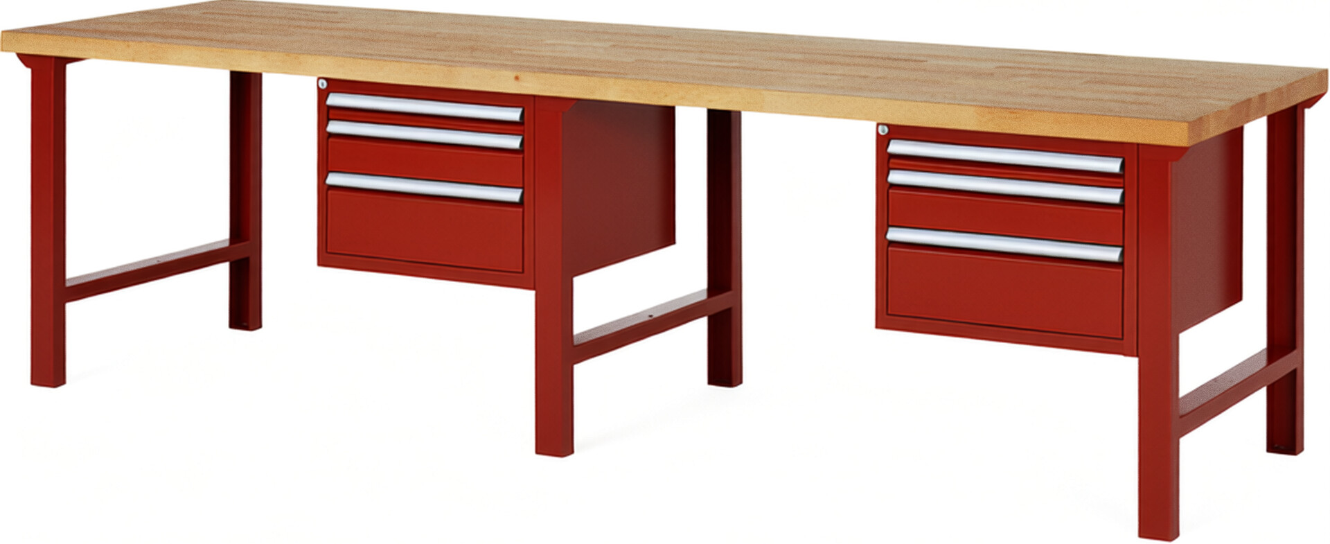 Werkbank Modell 7126 rot, BxTxH 3000x900x840 mm,  Buche-Massiv Arbeitsplatte 40 mm,  6 Schubladen mit  Vollauszug 100 % und  SoftClosing