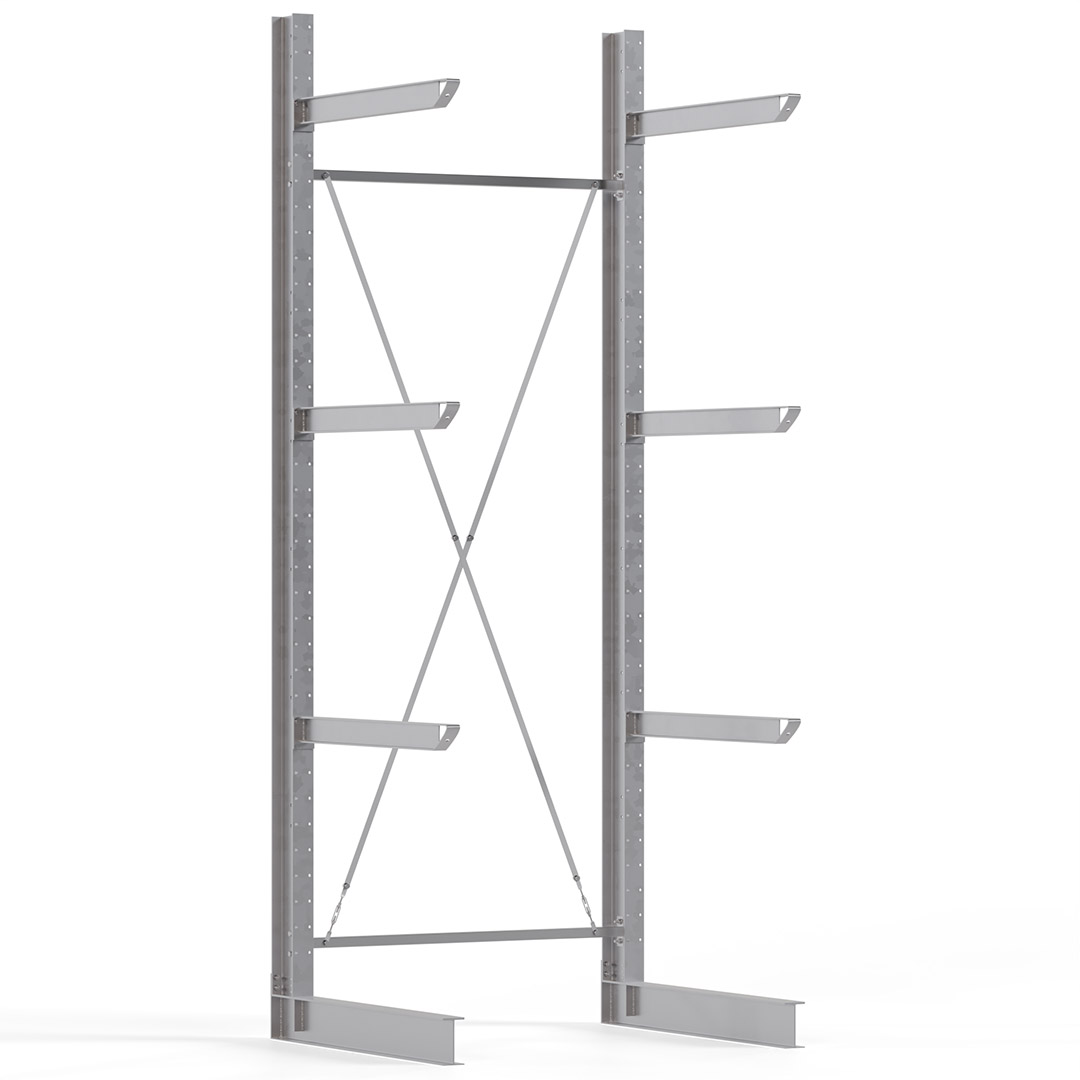 Kragarmregal KARL heavy - feuerverzinkt - Breite: 150 cm - Höhe: 400 cm - Tiefe: 120 cm - Traglast je Kragarm: 800 kg - einseitig