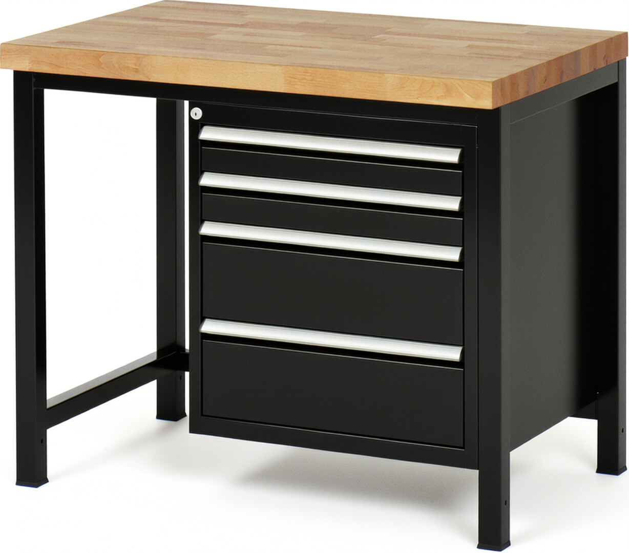 Werkbank Modell 8161 schwarz, BxTxH 1000x700x840 mm,  Buche-Massiv Arbeitsplatte 40 mm,  4 Schubladen mit  Auszug 90 %