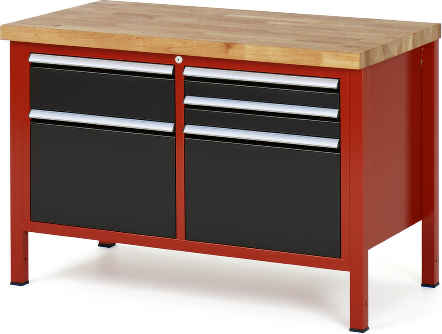 Werkbank Modell 8472 rot - schwarz, BxTxH 1250x700x840 mm,  Buche-Massiv Arbeitsplatte 40 mm,  5 Schubladen mit  Auszug 90 %
