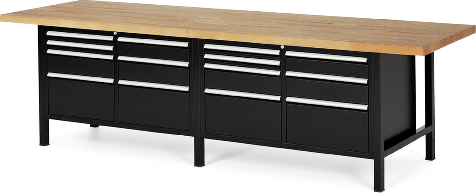 Werkbank Modell 8476 schwarz, BxTxH 3000x900x840 mm,  Buche-Massiv Arbeitsplatte 40 mm,  14 Schubladen mit  Vollauszug 100 % und  SoftClosing