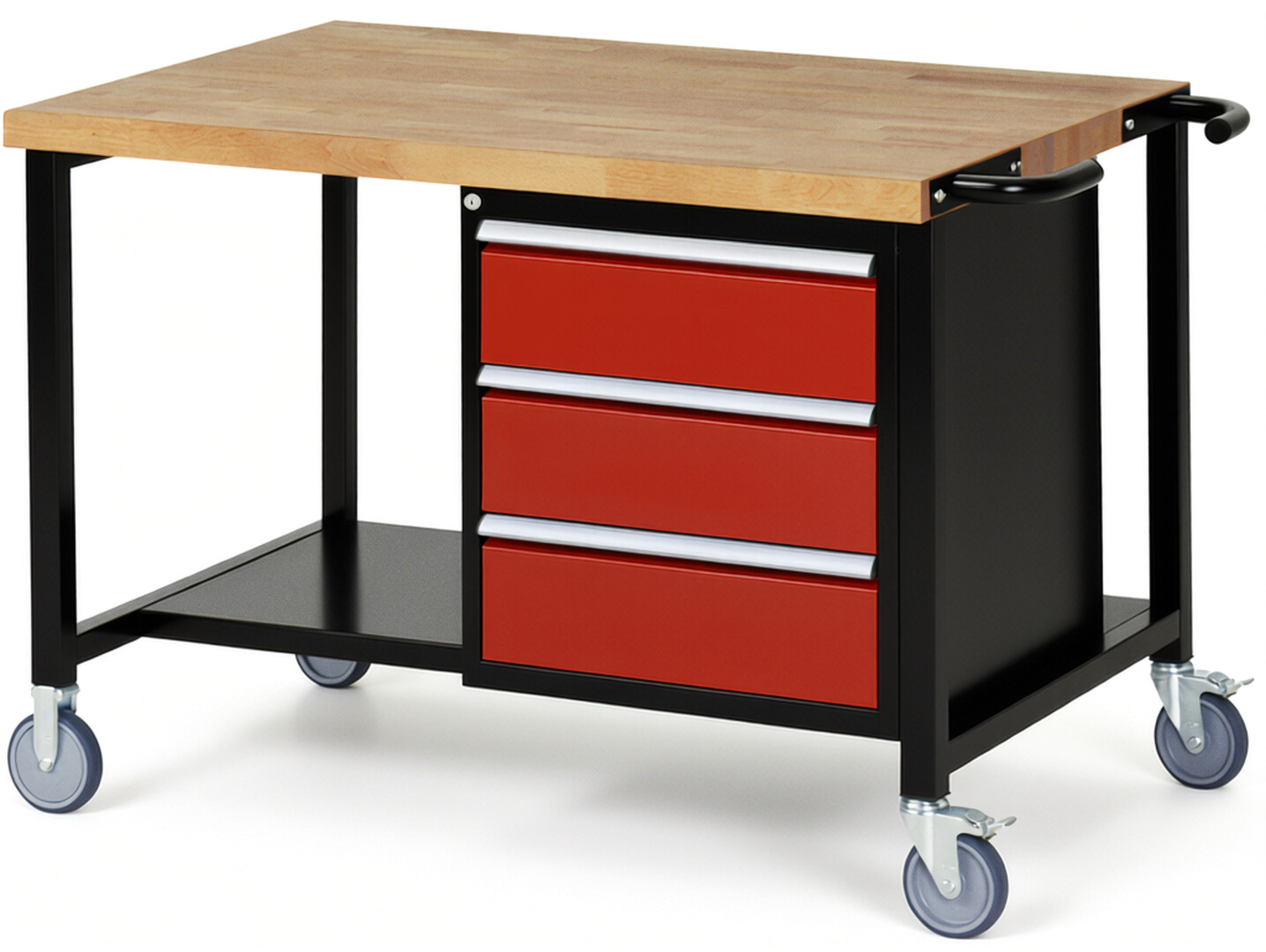 RAU Werkbank schwarz - rot - Breite 125 cm - Tiefe 90 cm - Höhe 108 cm - Buche-Massiv Arbeitsplatte 40 mm