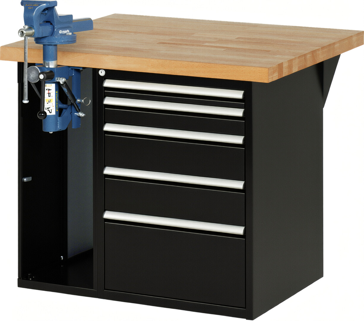 Werkbank Modell 7511 schwarz, BxTxH 1000x900x890 mm,  Buche-Massiv Arbeitsplatte 40 mm,  5 Schubladen mit  Auszug 90 %