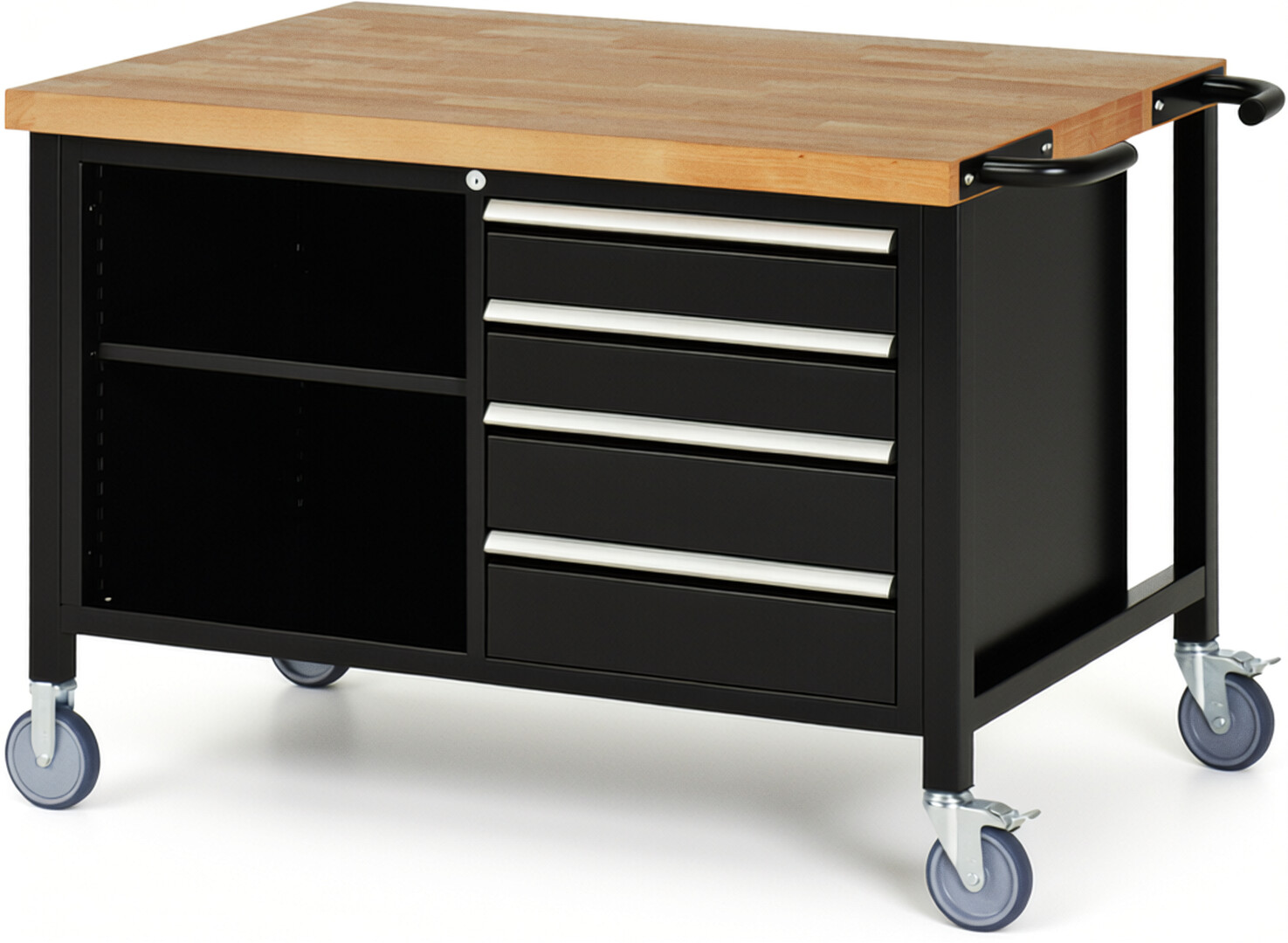 Fahrbare Werkbank Modell 8463 schwarz, BxTxH 1250x900x880 mm,  Buche-Massiv Arbeitsplatte 40 mm,  4 Schubladen mit  Auszug 90 %