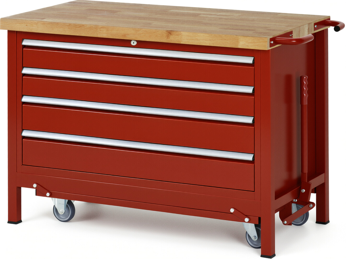 Absenkbare Werkbank Modell 8362 rot, BxTxH 1250x700x880 mm,  Buche-Massiv Arbeitsplatte 40 mm,  4 Schubladen mit  Vollauszug 100 % und  SoftClosing