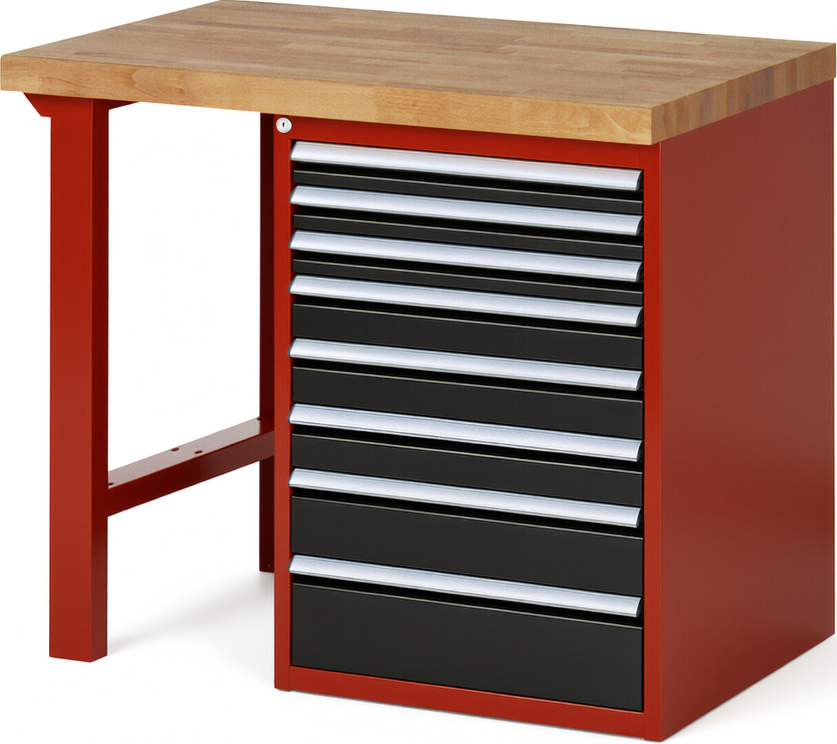 Werkbank Modell 7519 rot - schwarz, BxTxH 1000x700x890 mm,  Buche-Massiv Arbeitsplatte 40 mm,  8 Schubladen mit  Auszug 90 %