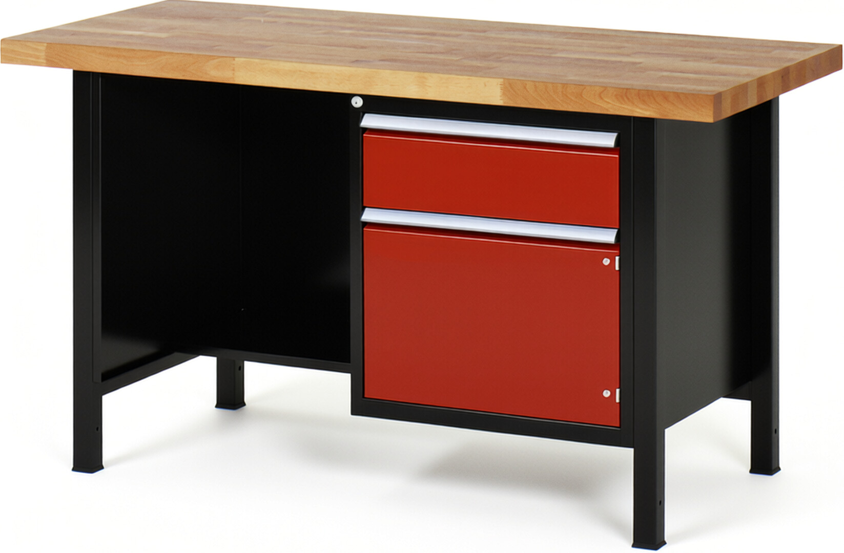 RAU Werkbank schwarz - rot - Breite 150 cm - Tiefe 70 cm - Höhe 84 cm - Buche-Massiv Arbeitsplatte 40 mm