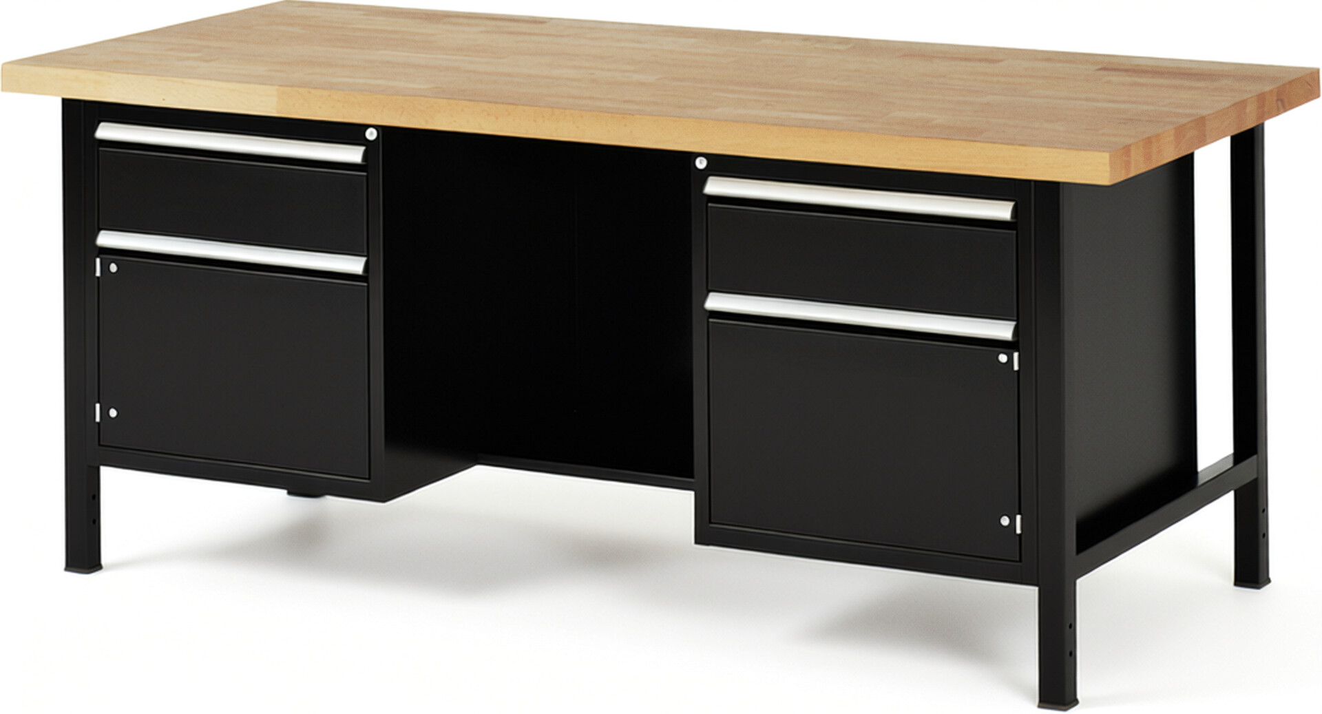 Werkbank Modell 8551 schwarz, BxTxH 2000x900x840-1040 mm,  Buche-Massiv Arbeitsplatte 40 mm,  2 Schubladen mit  Vollauszug 100 % und  SoftClosing