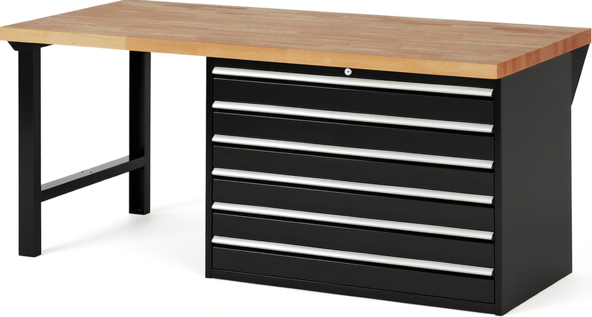 Werkbank Modell 7716 schwarz, BxTxH 2000x900x890 mm,  Buche-Massiv Arbeitsplatte 40 mm,  6 Schubladen mit  Vollauszug 100 % und  SoftClosing