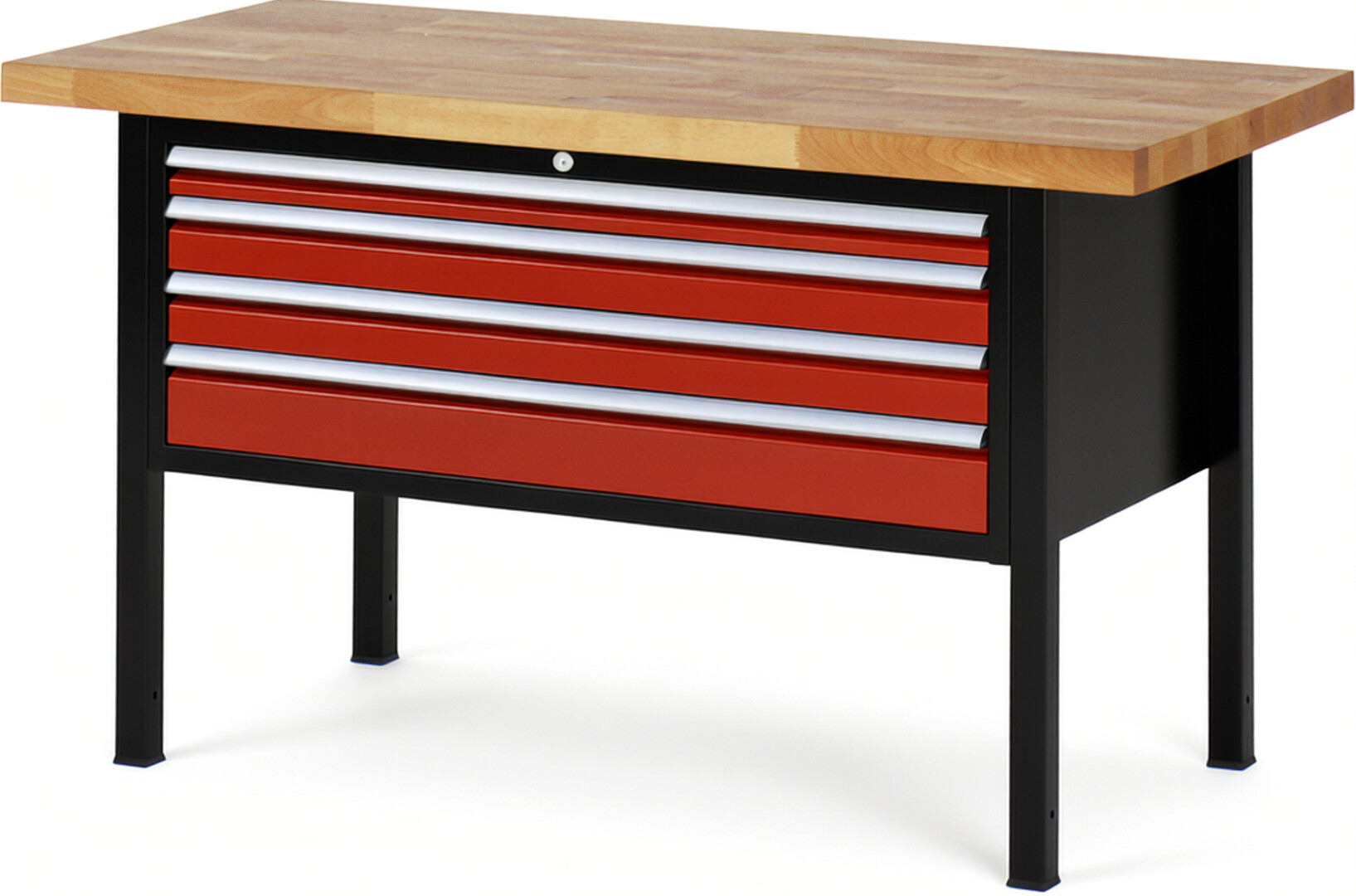 RAU Werkbank schwarz - rot - Breite 150 cm - Tiefe 70 cm - Höhe 104 cm - Buche-Massiv Arbeitsplatte 40 mm