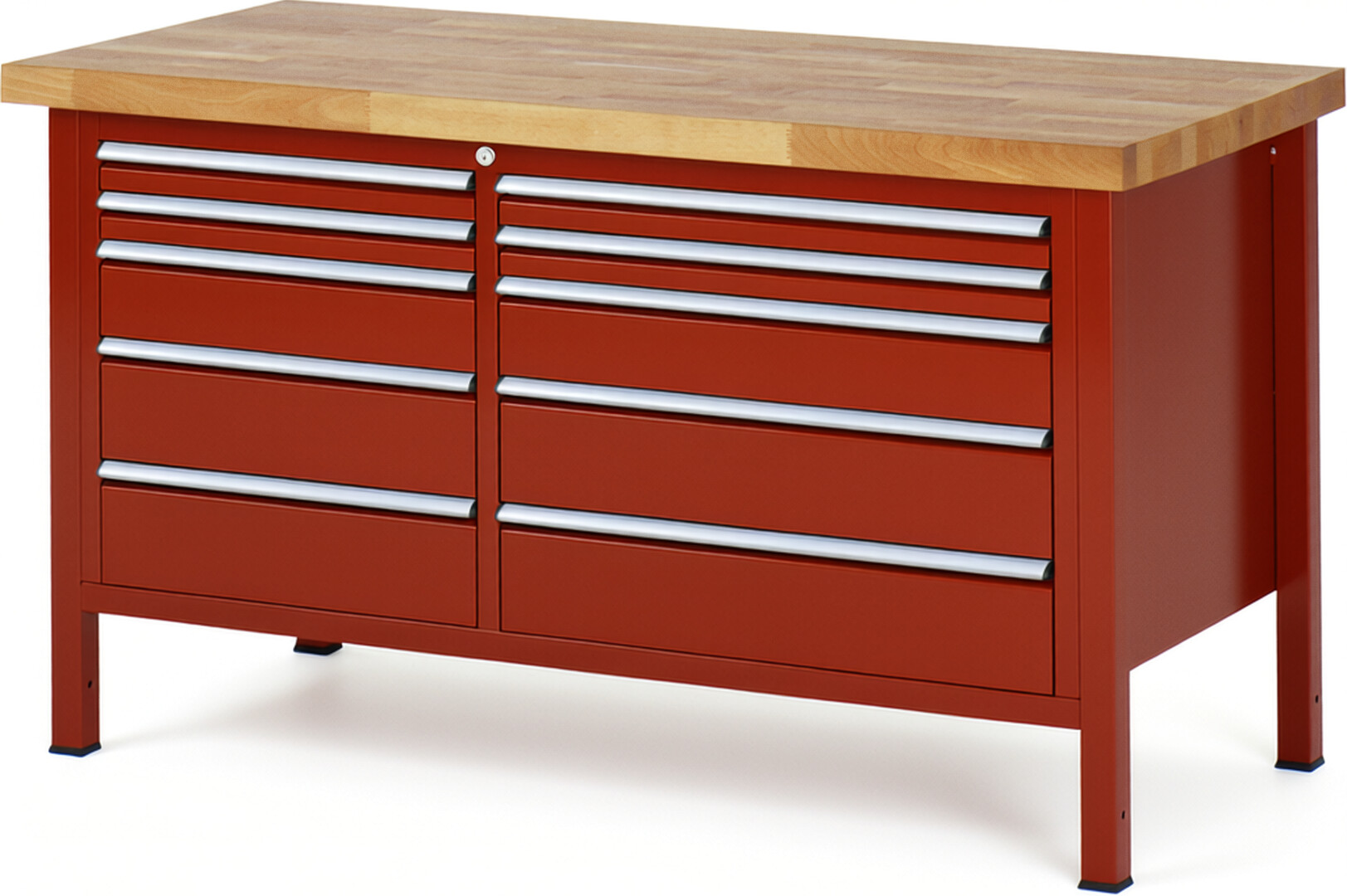 Werkbank Modell 8656 rot, BxTxH 1500x700x840-1040 mm,  Buche-Massiv Arbeitsplatte 40 mm,  10 Schubladen mit  Auszug 90 %