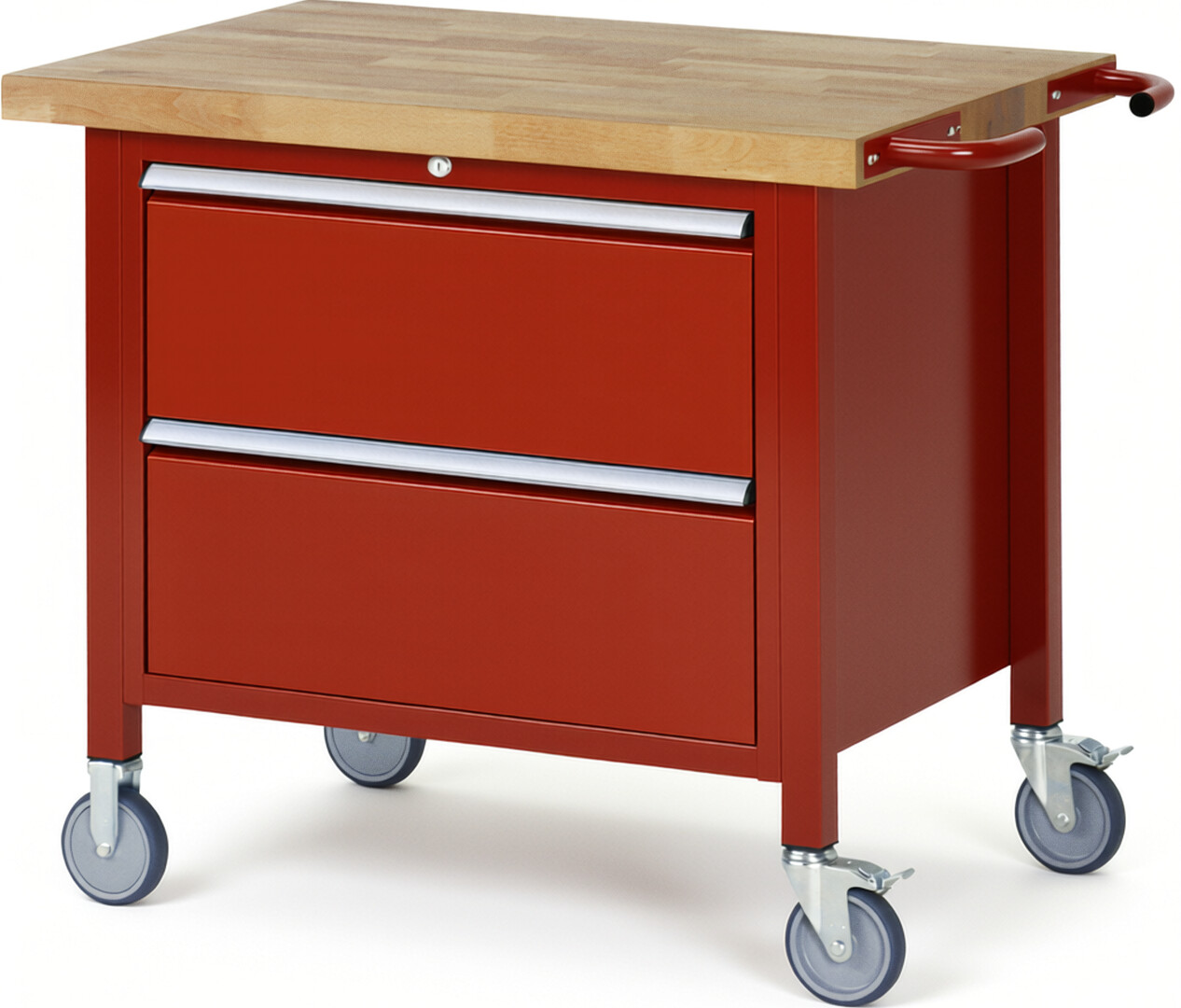 Fahrbare Werkbank Modell 8255 rot, BxTxH 1000x700x880-1080 mm,  Buche-Massiv Arbeitsplatte 40 mm,  2 Schubladen mit  Auszug 90 %