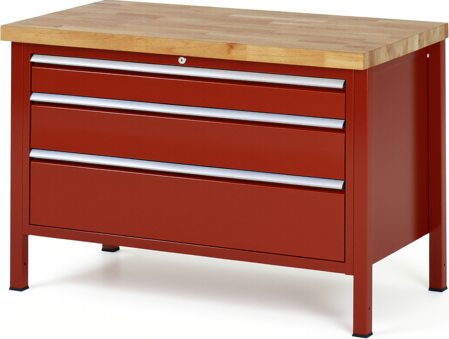 Werkbank Modell 8359 rot, BxTxH 1250x700x840 mm,  Buche-Massiv Arbeitsplatte 40 mm,  3 Schubladen mit  Vollauszug 100 % und  SoftClosing