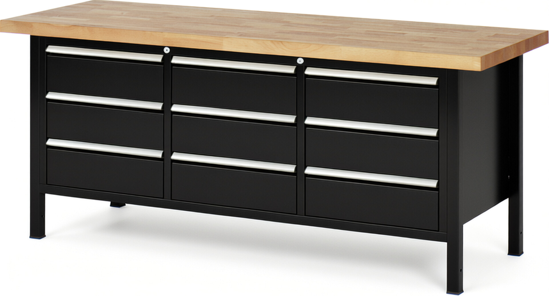 Werkbank Modell 8574 schwarz, BxTxH 2000x700x840 mm,  Buche-Massiv Arbeitsplatte 40 mm,  9 Schubladen mit  Vollauszug 100 % und  SoftClosing