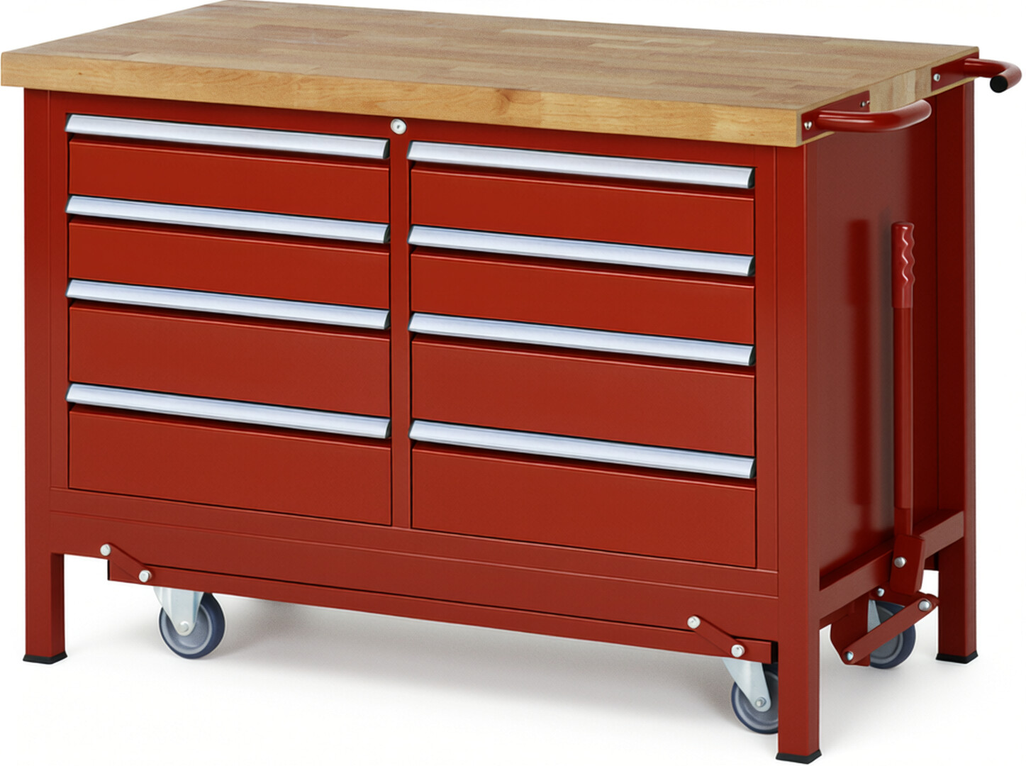 Absenkbare Werkbank Modell 8477 rot, BxTxH 1250x700x880 mm,  Buche-Massiv Arbeitsplatte 40 mm,  8 Schubladen mit  Vollauszug 100 % und  SoftClosing