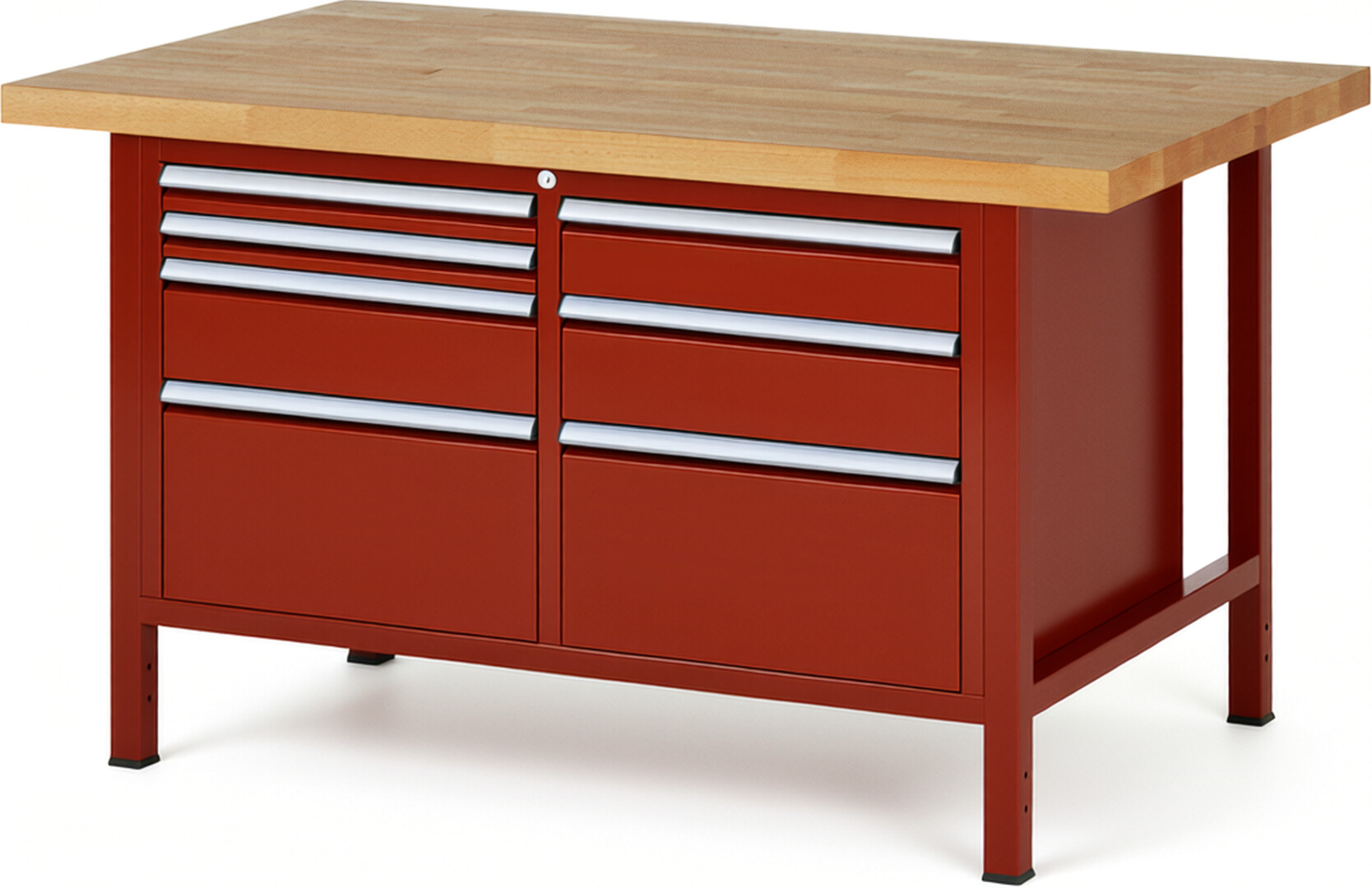 Werkbank Modell 8476 rot, BxTxH 1500x900x840 mm,  Buche-Massiv Arbeitsplatte 40 mm,  7 Schubladen mit  Vollauszug 100 % und  SoftClosing