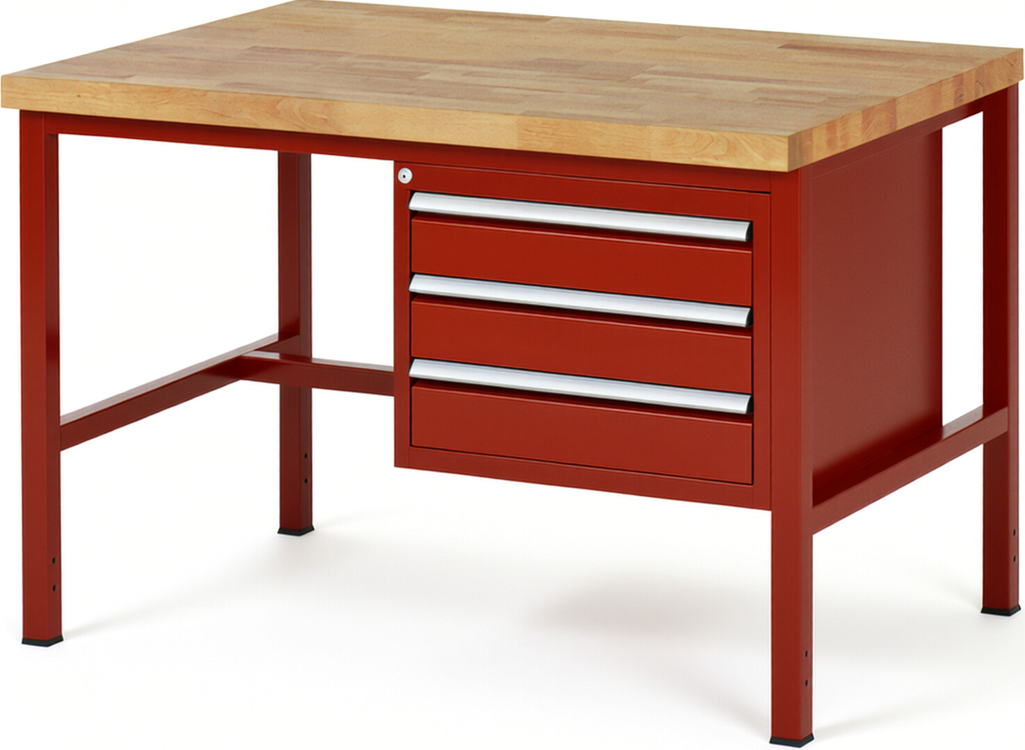Werkbank Modell 8127 rot, BxTxH 1250x900x840-1040 mm,  Buche-Massiv Arbeitsplatte 40 mm,  3 Schubladen mit  Auszug 90 %