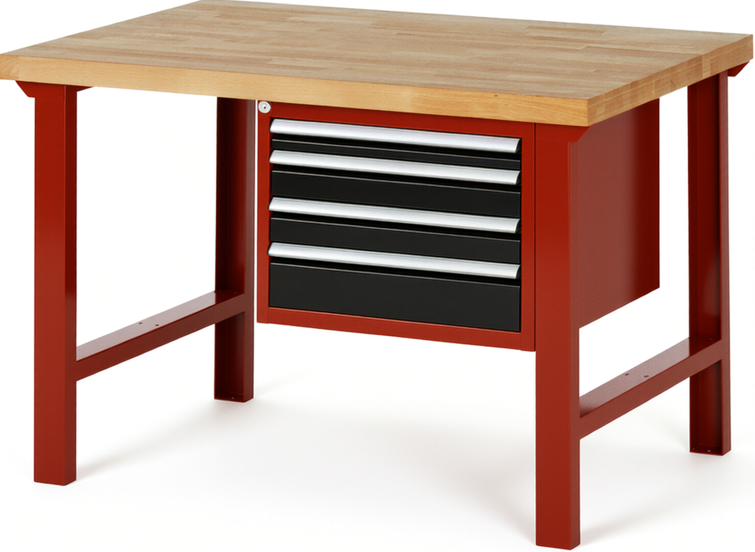 Werkbank Modell 7132 rot - schwarz, BxTxH 1250x900x840 mm,  Buche-Massiv Arbeitsplatte 40 mm,  4 Schubladen mit  Auszug 90 %