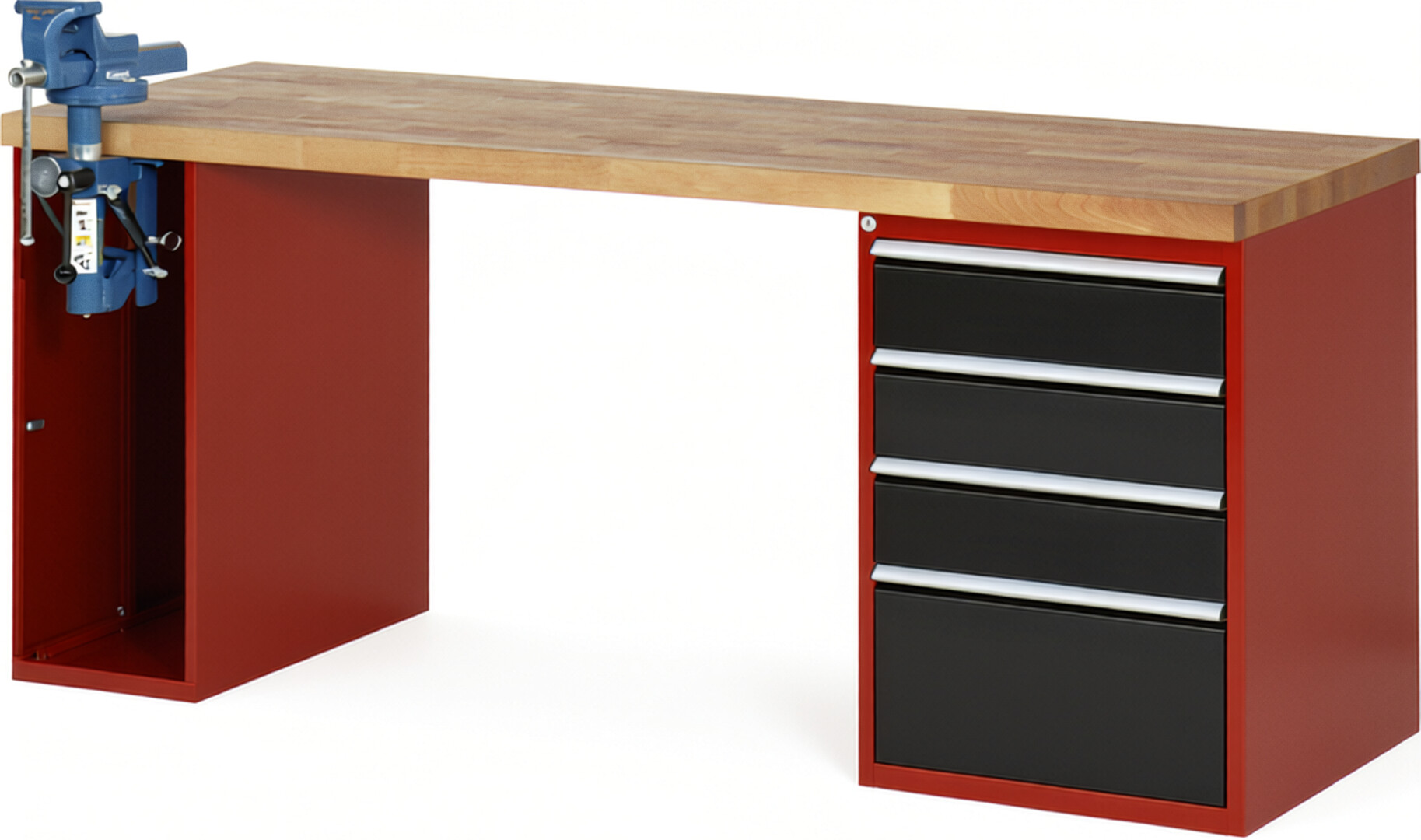 Werkbank Modell 7510 rot - schwarz, BxTxH 2000x700x890 mm,  Buche-Massiv Arbeitsplatte 40 mm,  4 Schubladen mit  Vollauszug 100 % und  SoftClosing